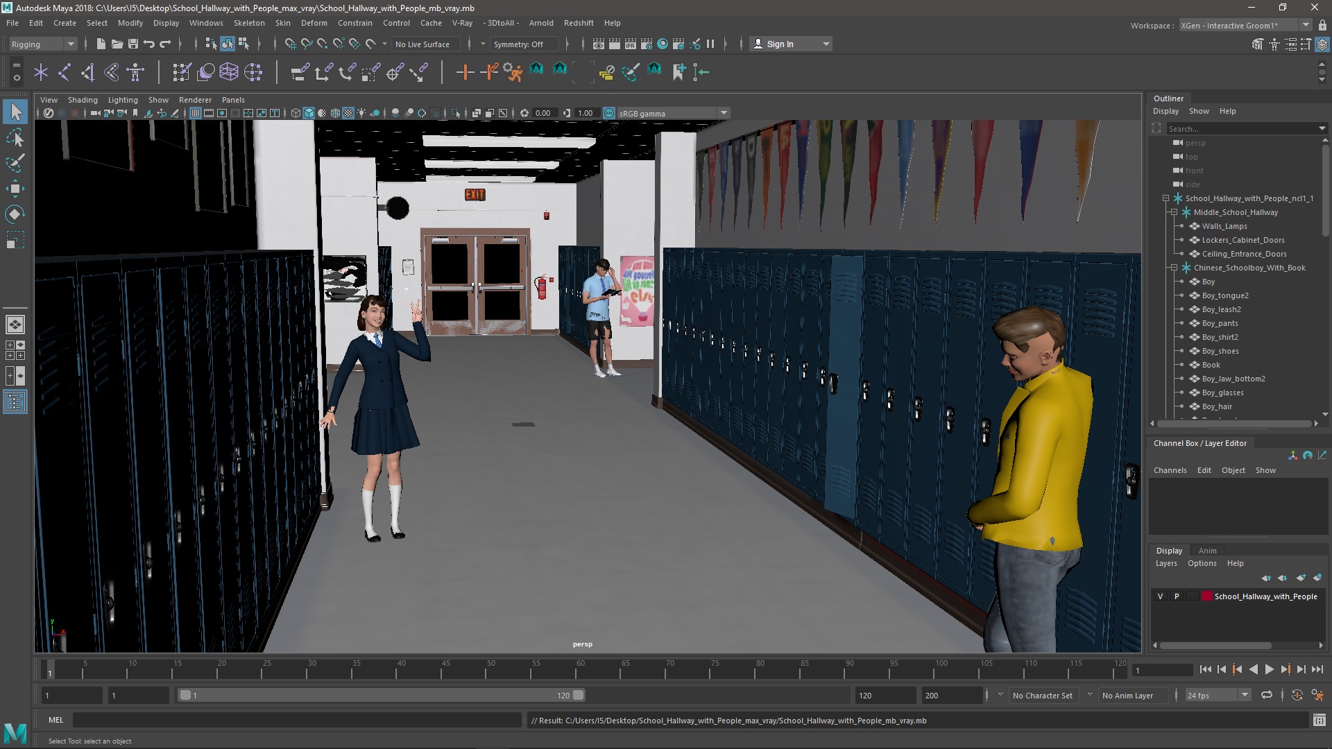 3D School Hallway with People