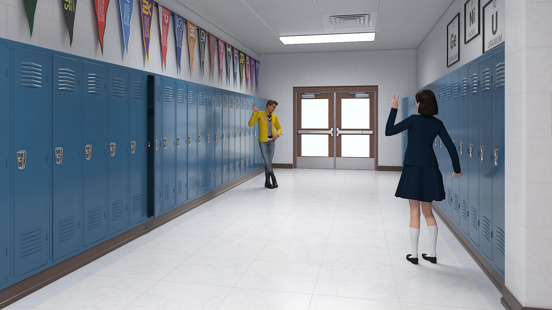 3D School Hallway with People