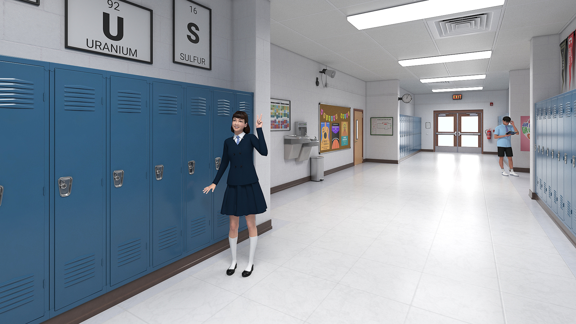 3D School Hallway with People