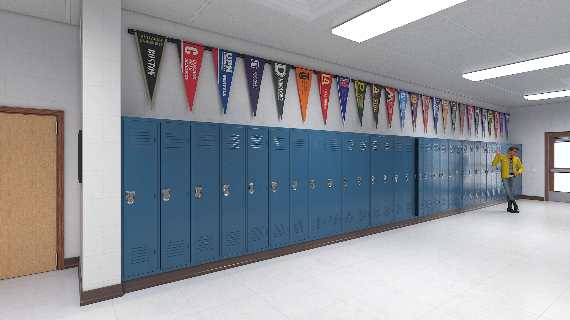 3D School Hallway with People