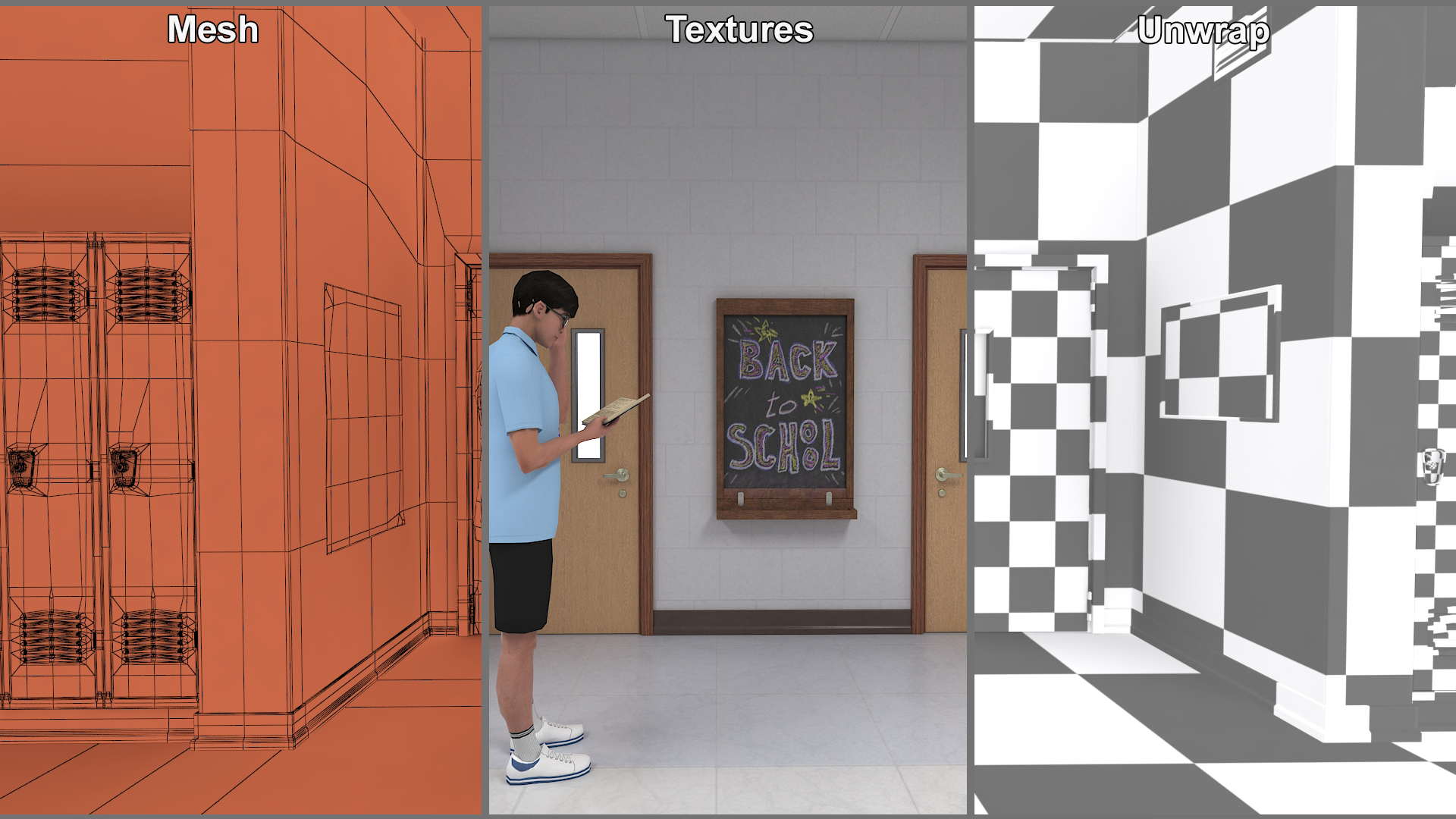 3D School Hallway with People