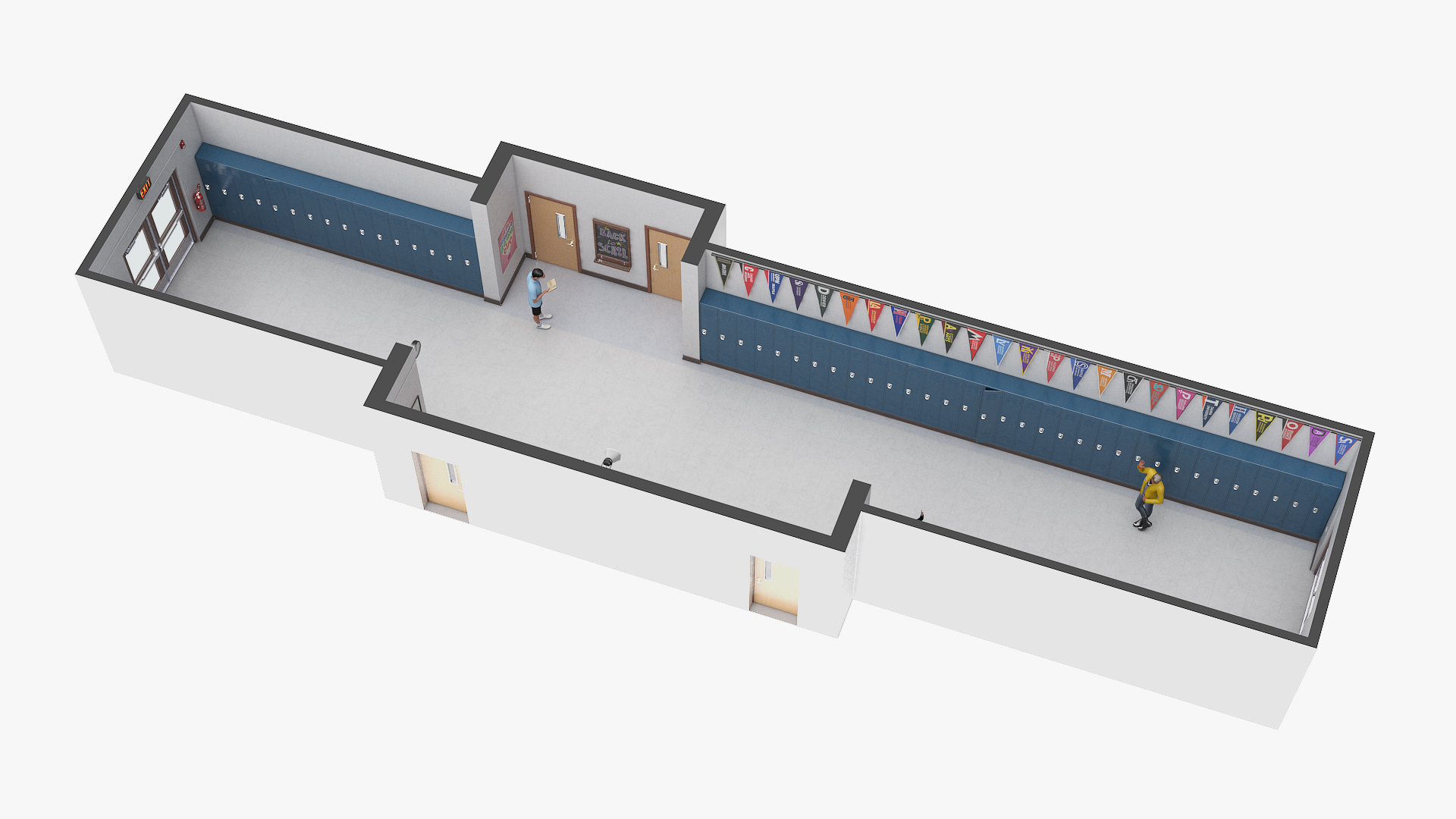 3D School Hallway with People