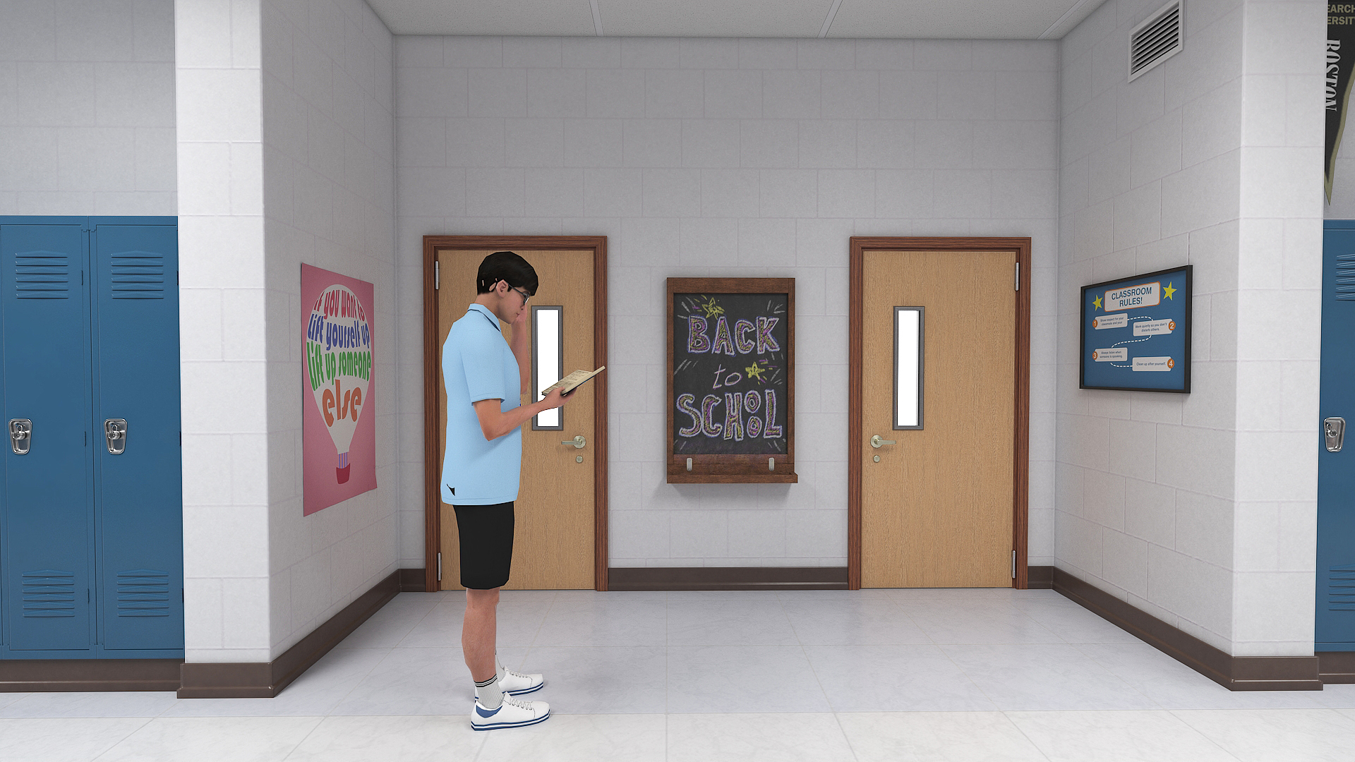 3D School Hallway with People