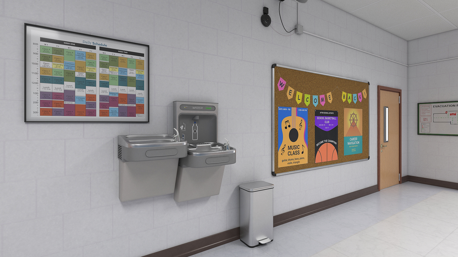 3D School Hallway with People