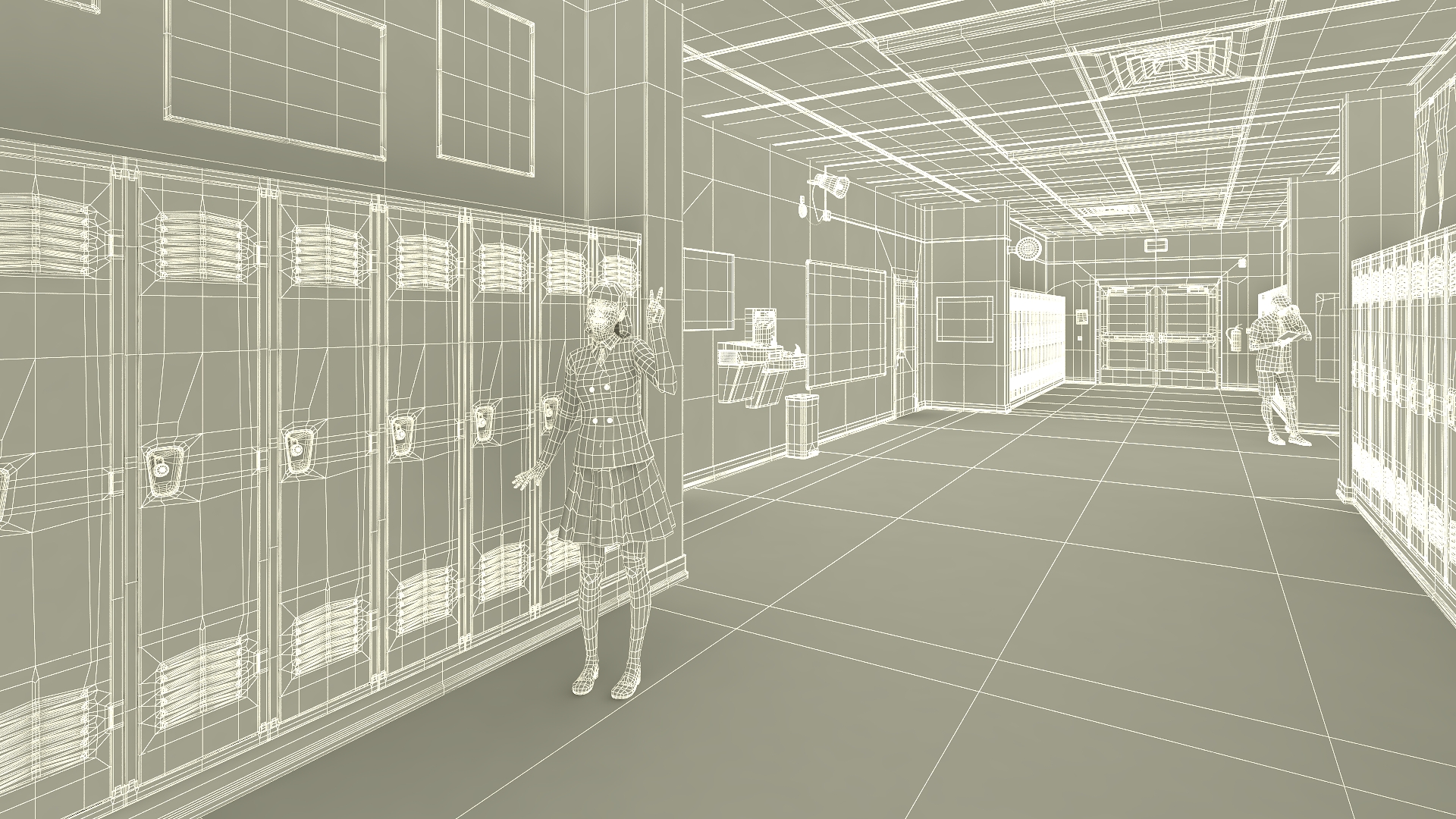 3D School Hallway with People