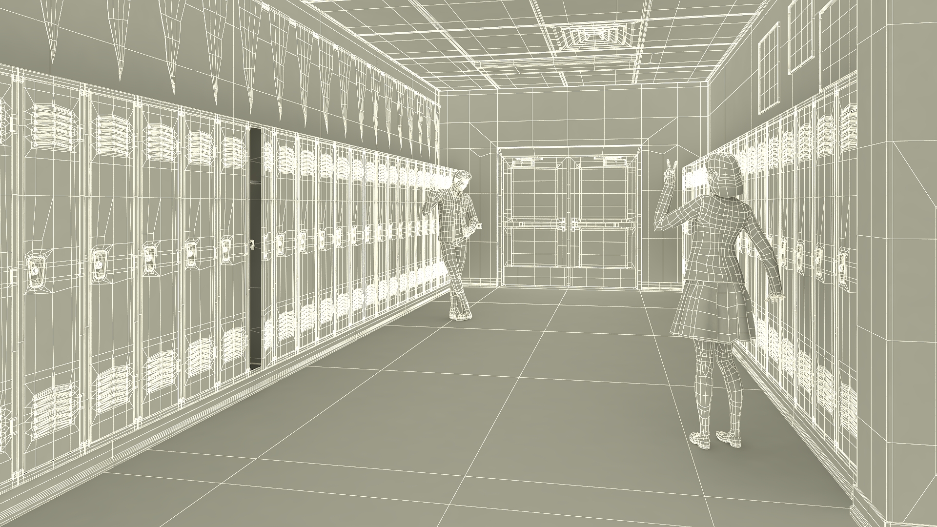 3D School Hallway with People