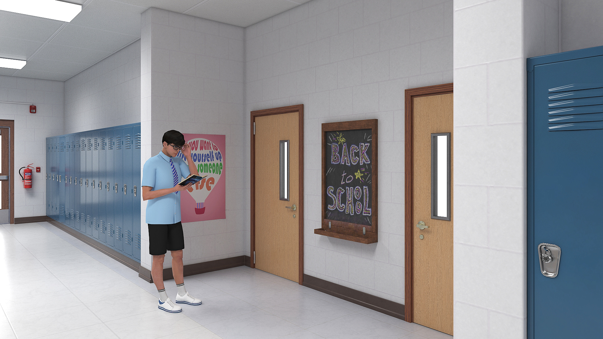 3D School Hallway with People