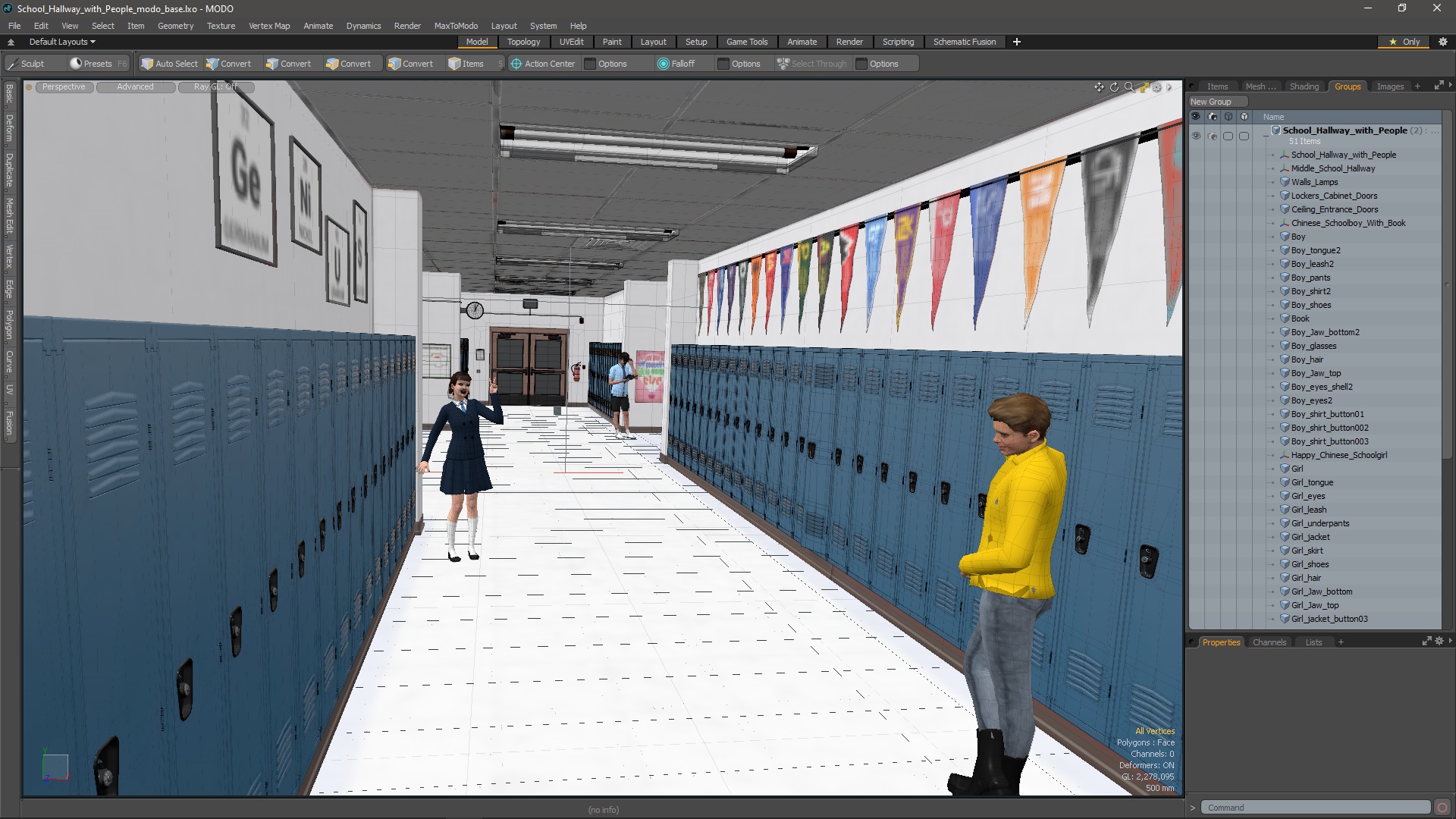 3D School Hallway with People