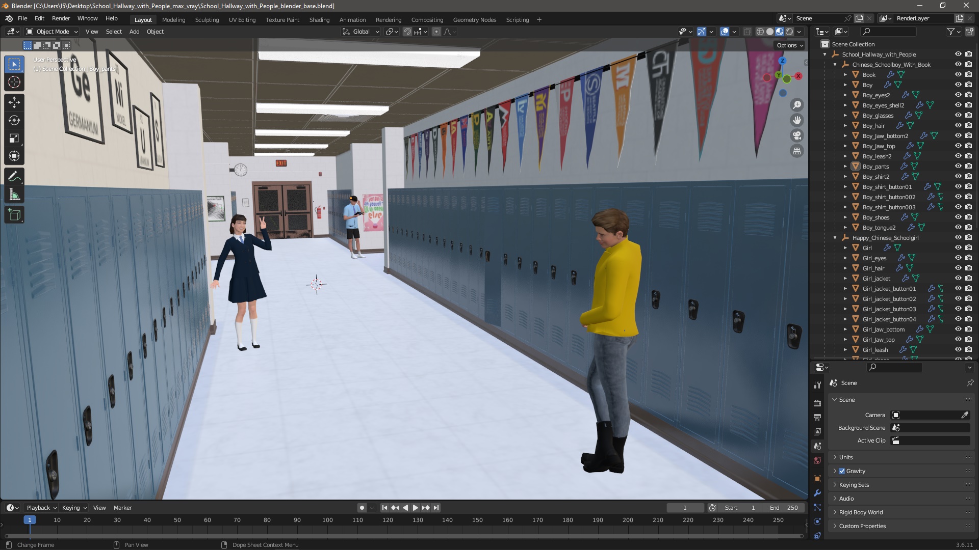 3D School Hallway with People