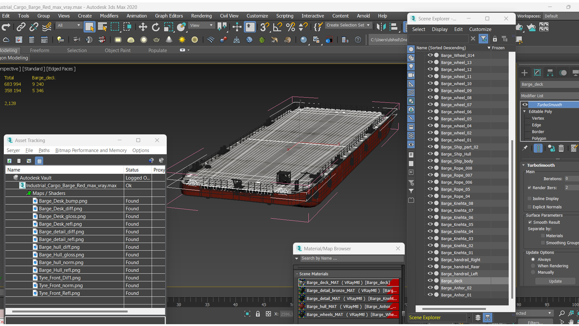 3D Industrial Cargo Barge Red