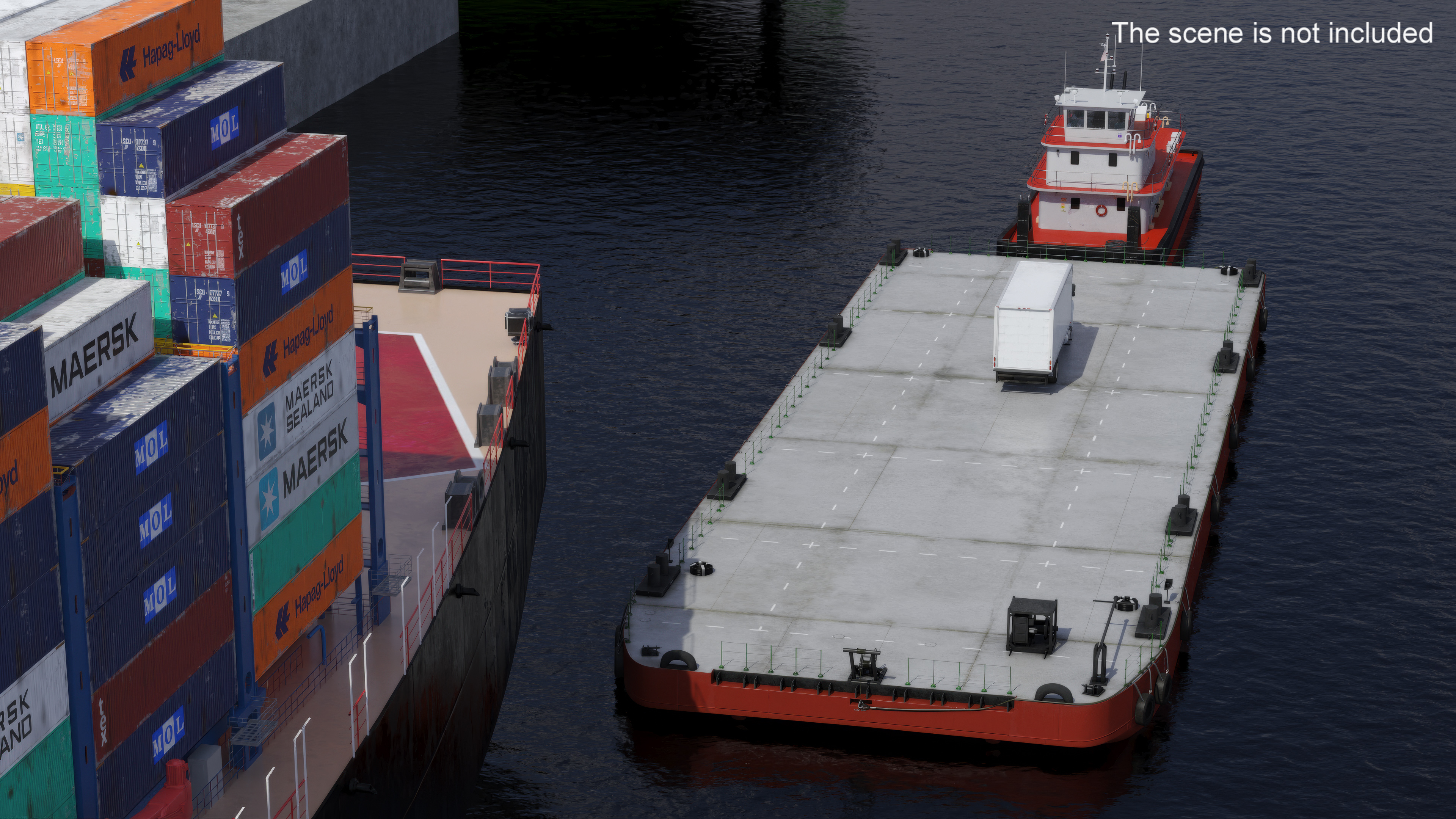 3D Industrial Cargo Barge Red