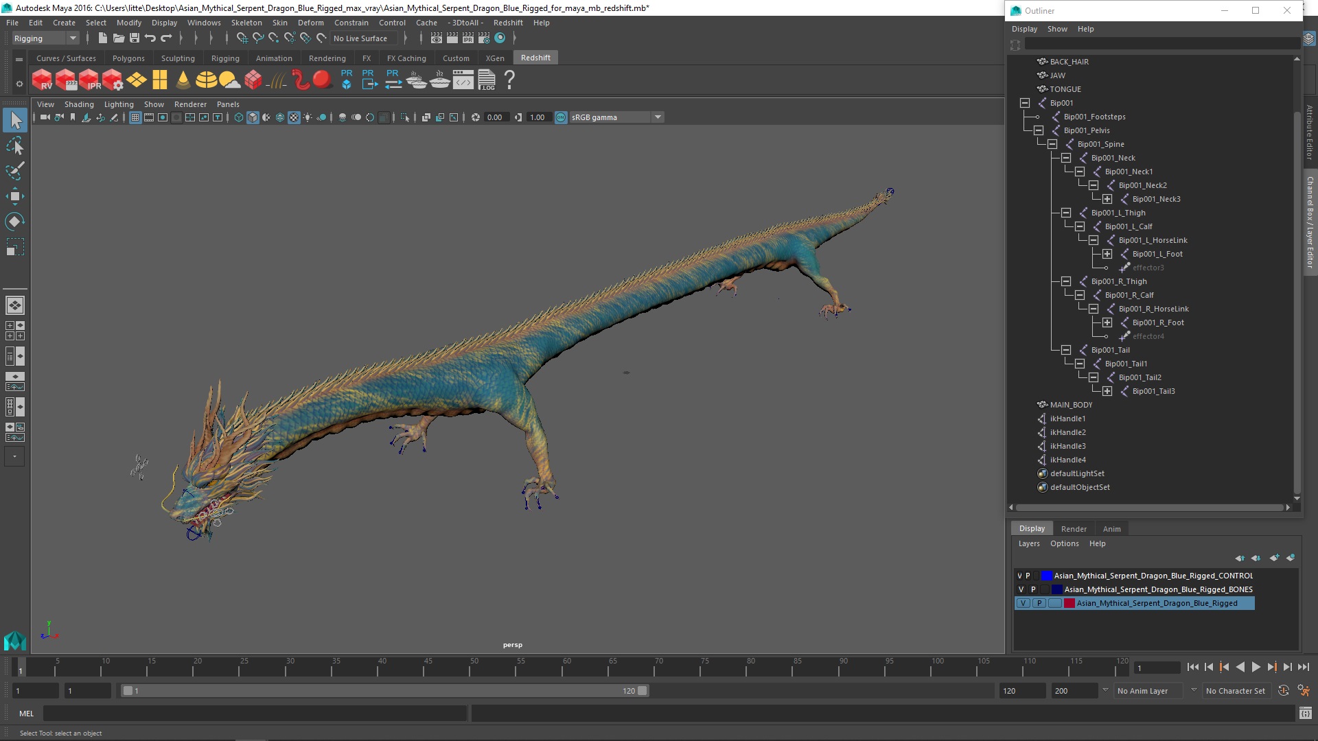 3D model Asian Mythical Serpent Dragon Blue Rigged for Maya