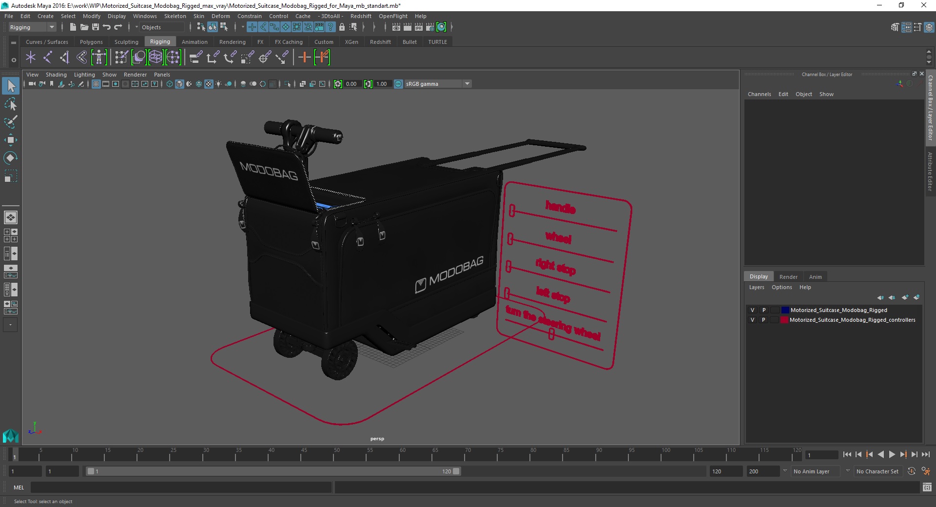 Motorized Suitcase Modobag Rigged for Maya 3D