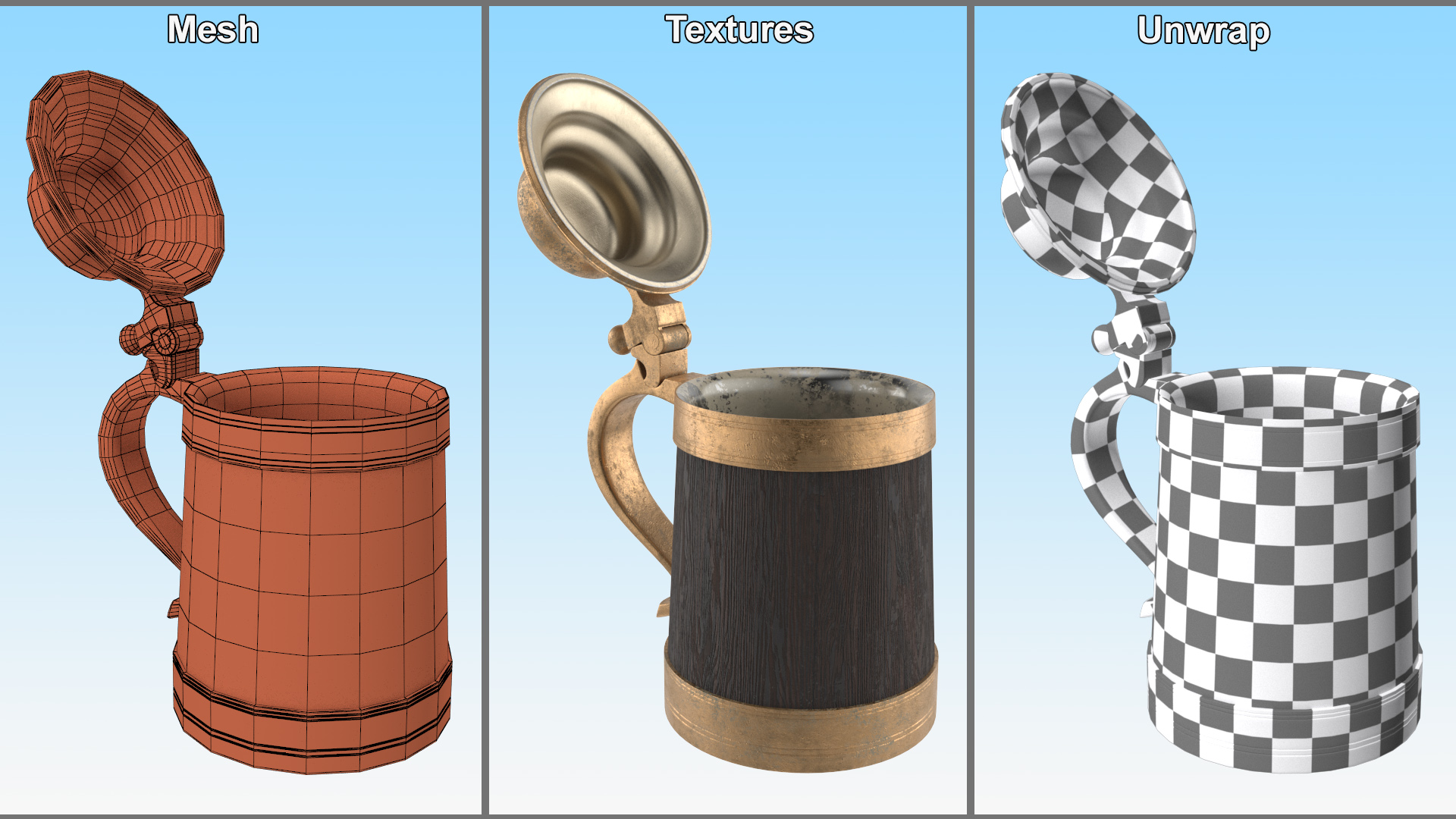 3D model Antique Wooden Beer Mug with Metallic Accents