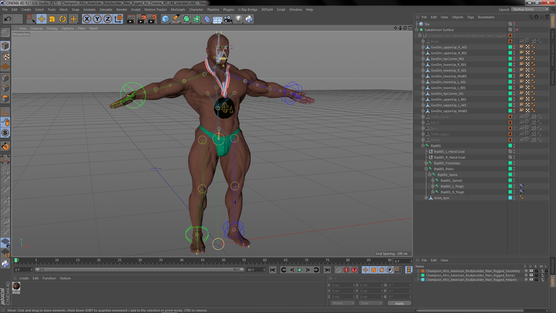 Champion Afro American Bodybuilder Man Rigged for Cinema 4D 3D model