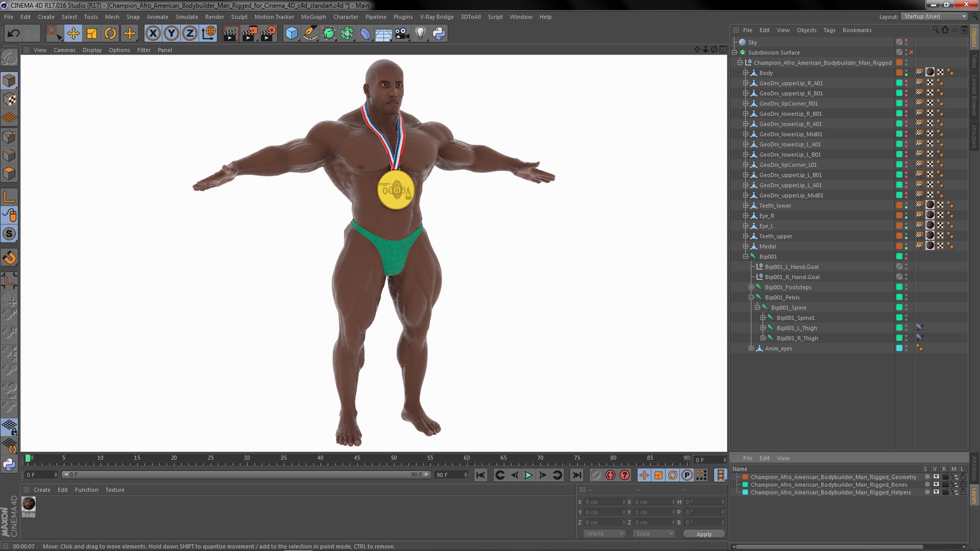 Champion Afro American Bodybuilder Man Rigged for Cinema 4D 3D model