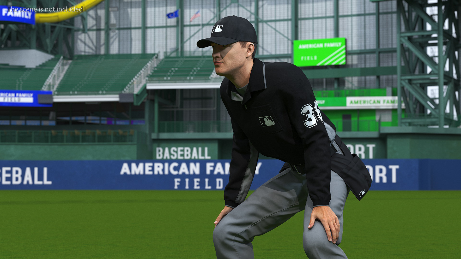 3D model Baseball Umpire in Cap in Ready Pose Fur