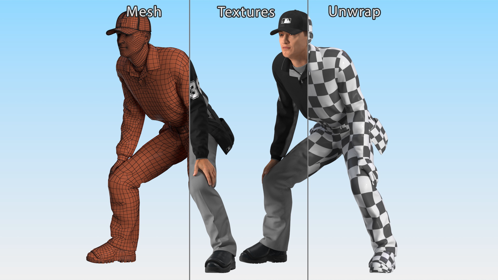 3D model Baseball Umpire in Cap in Ready Pose Fur