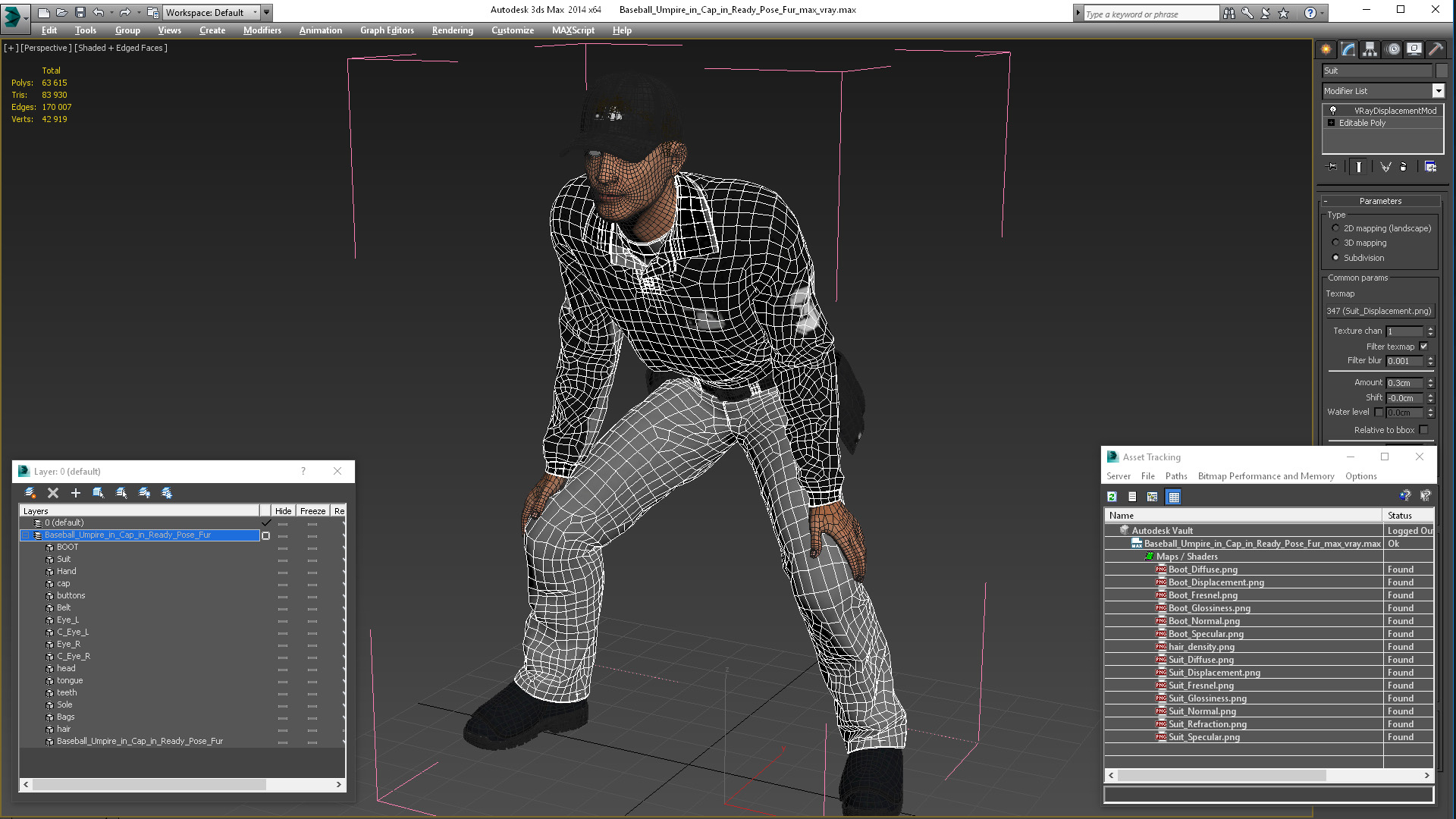 3D model Baseball Umpire in Cap in Ready Pose Fur