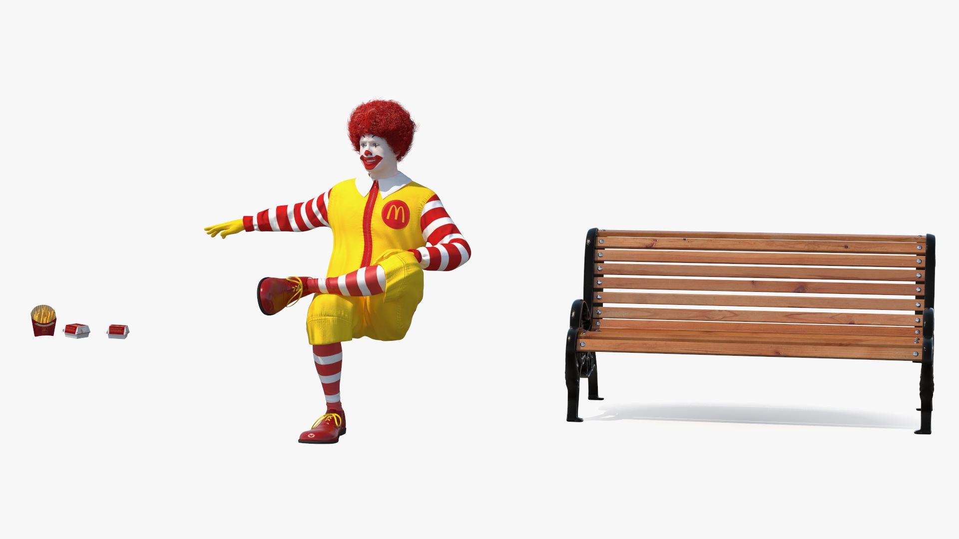 3D Ronald McDonald Having Lunch on Bench Fur