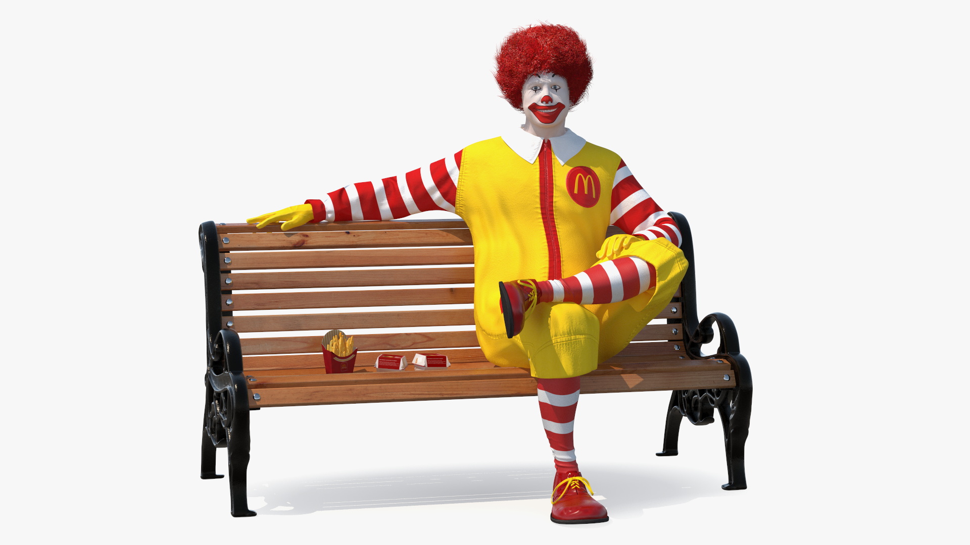 3D Ronald McDonald Having Lunch on Bench Fur