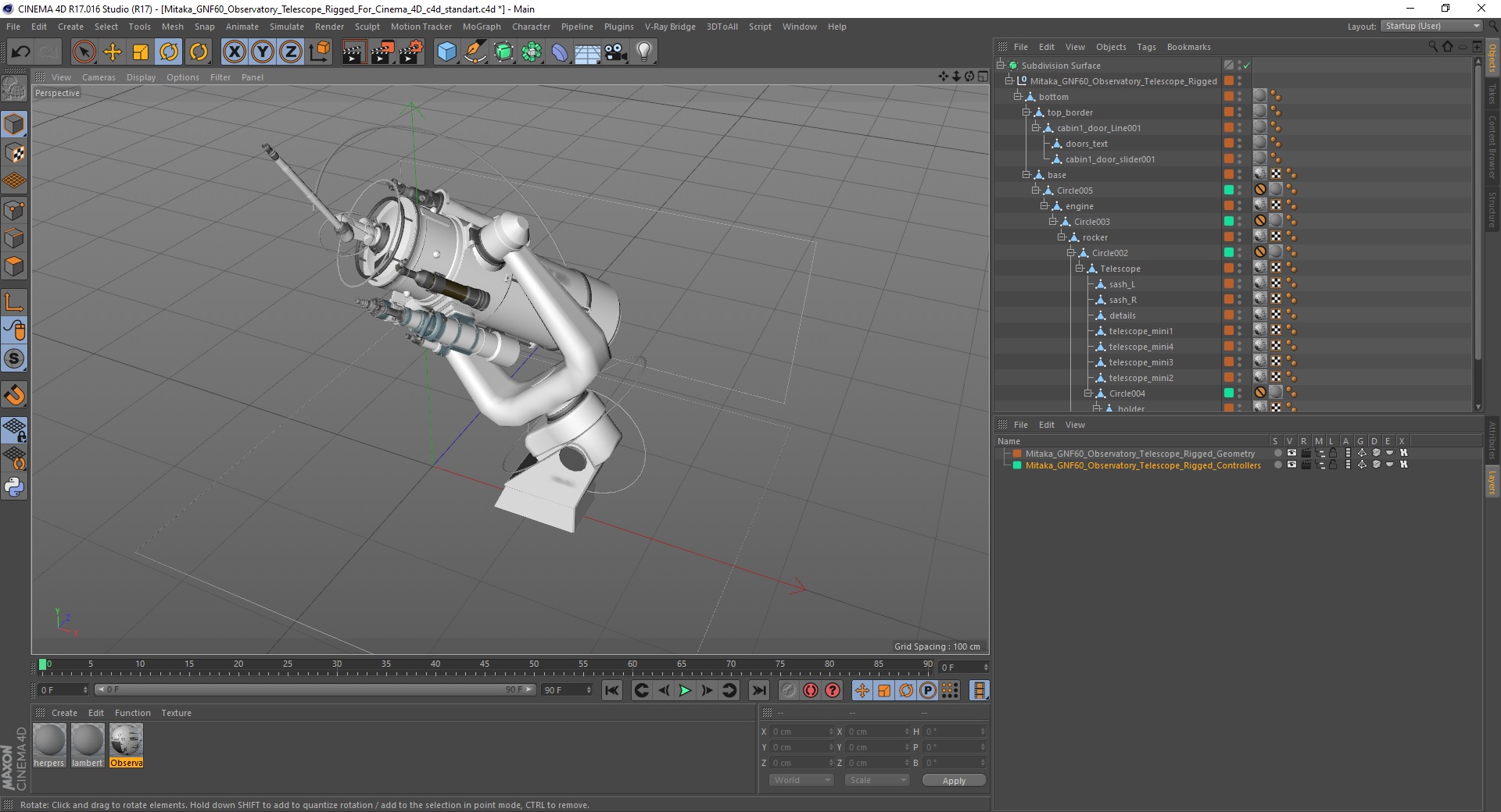 3D model Mitaka GNF60 Observatory Telescope Rigged for Cinema 4D