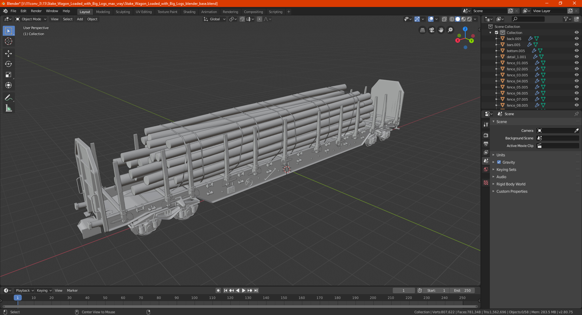 Stake Wagon Loaded with Big Logs 3D