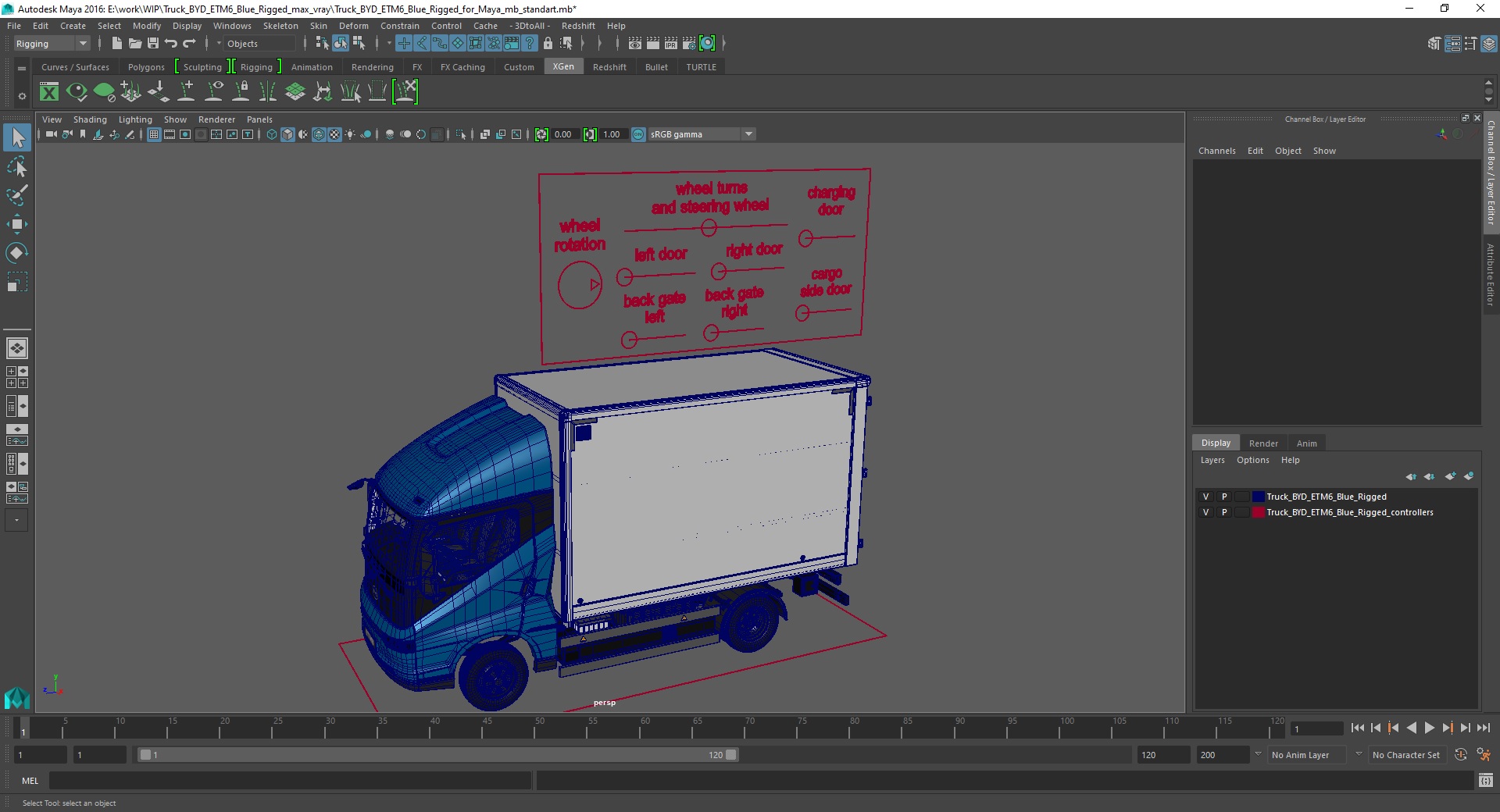 3D model Truck BYD ETM6 Blue Rigged for Maya