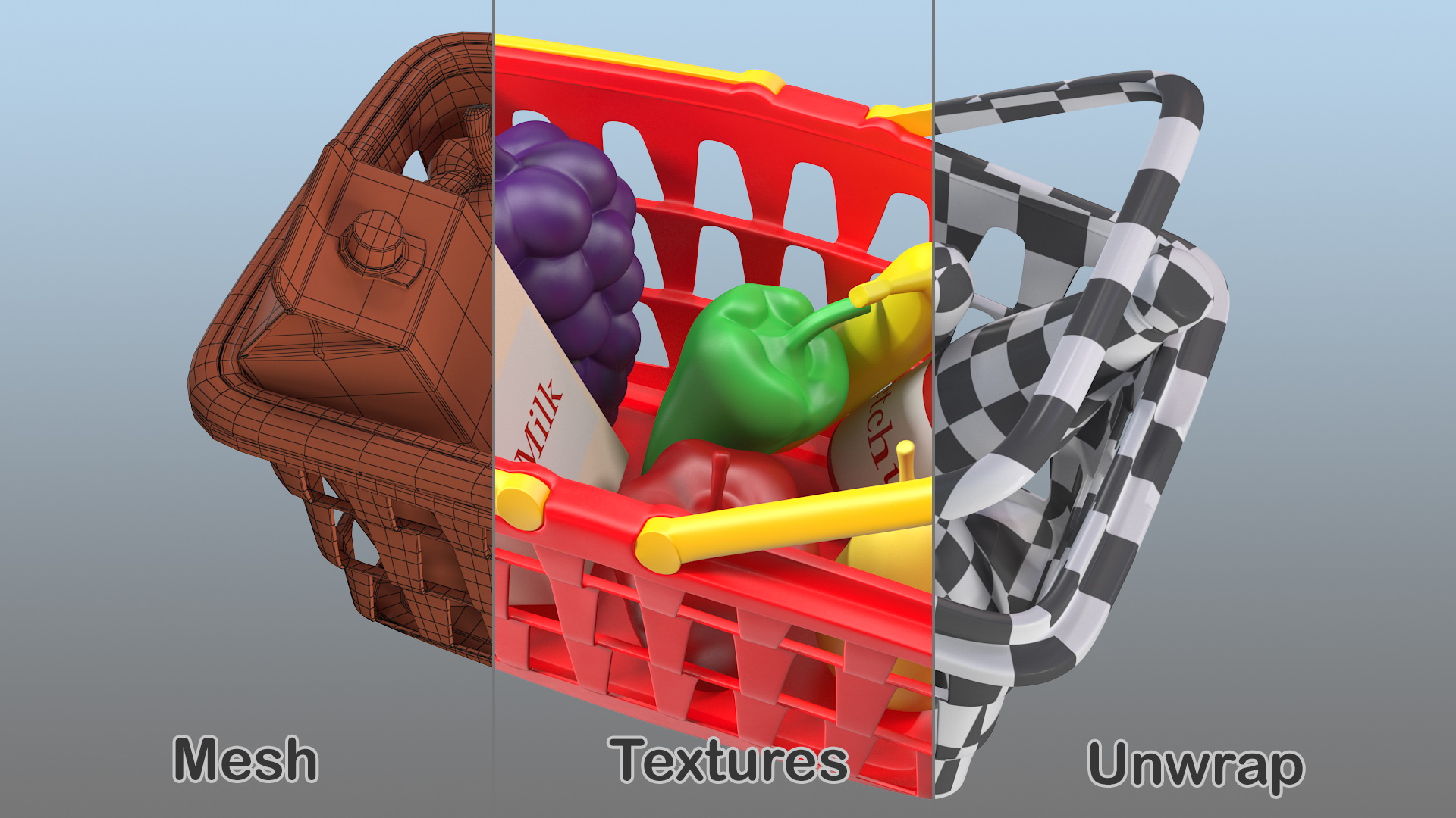 3D Children Shopping Basket with Grocery Food Toy