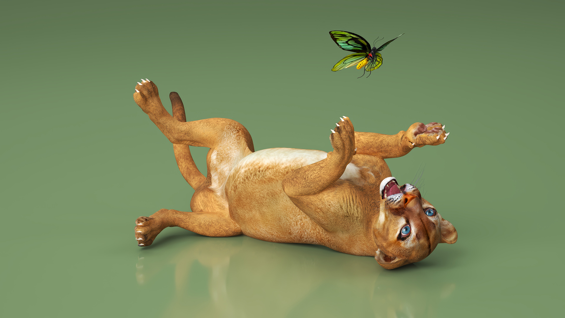 3D Playful Puma Cub with Butterfly