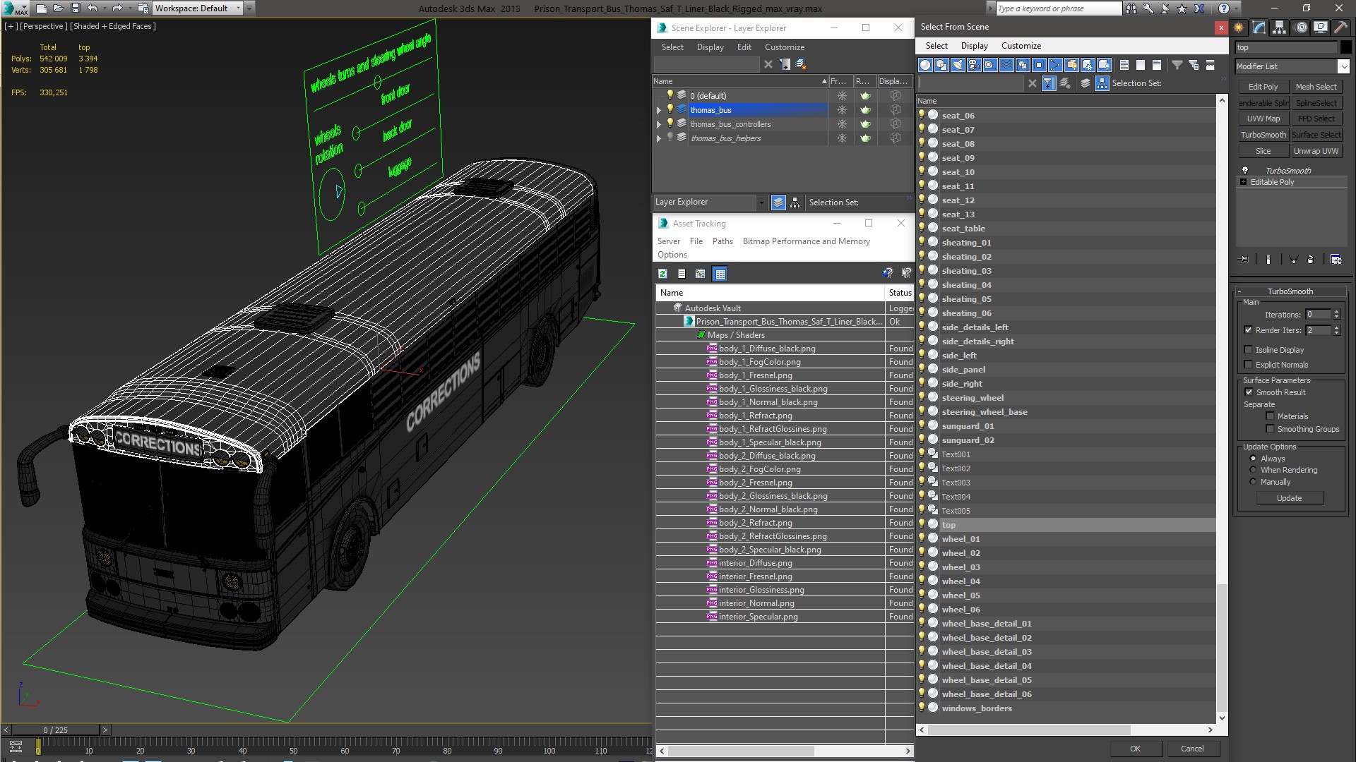 Prison Transport Bus Thomas Saf T Liner Black Rigged 3D