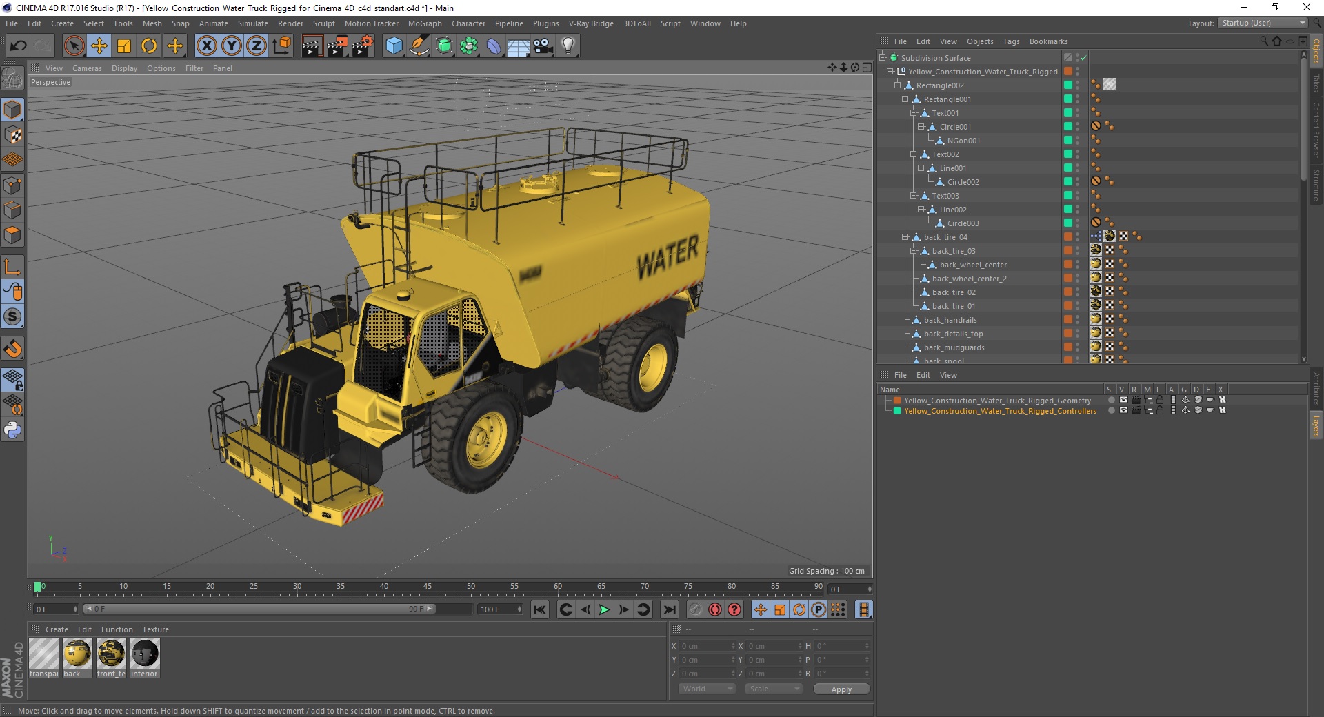 Yellow Construction Water Truck Rigged for Cinema 4D 3D