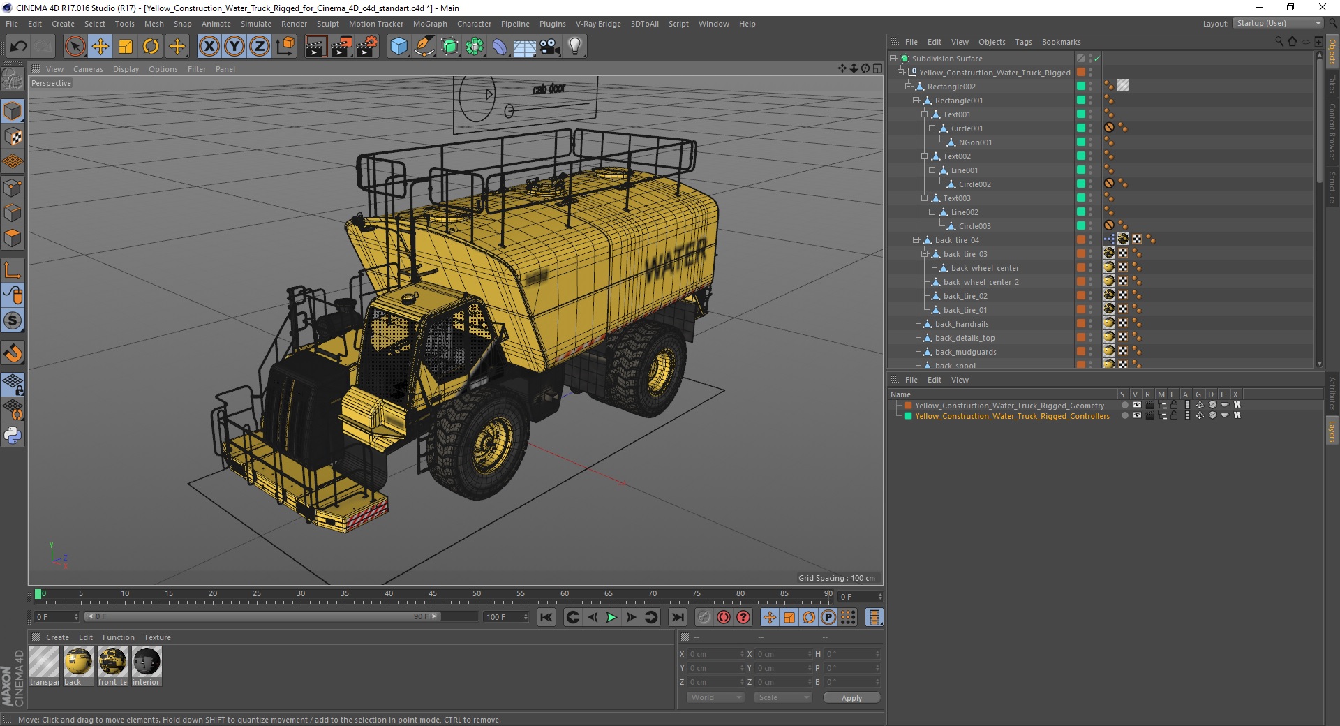 Yellow Construction Water Truck Rigged for Cinema 4D 3D