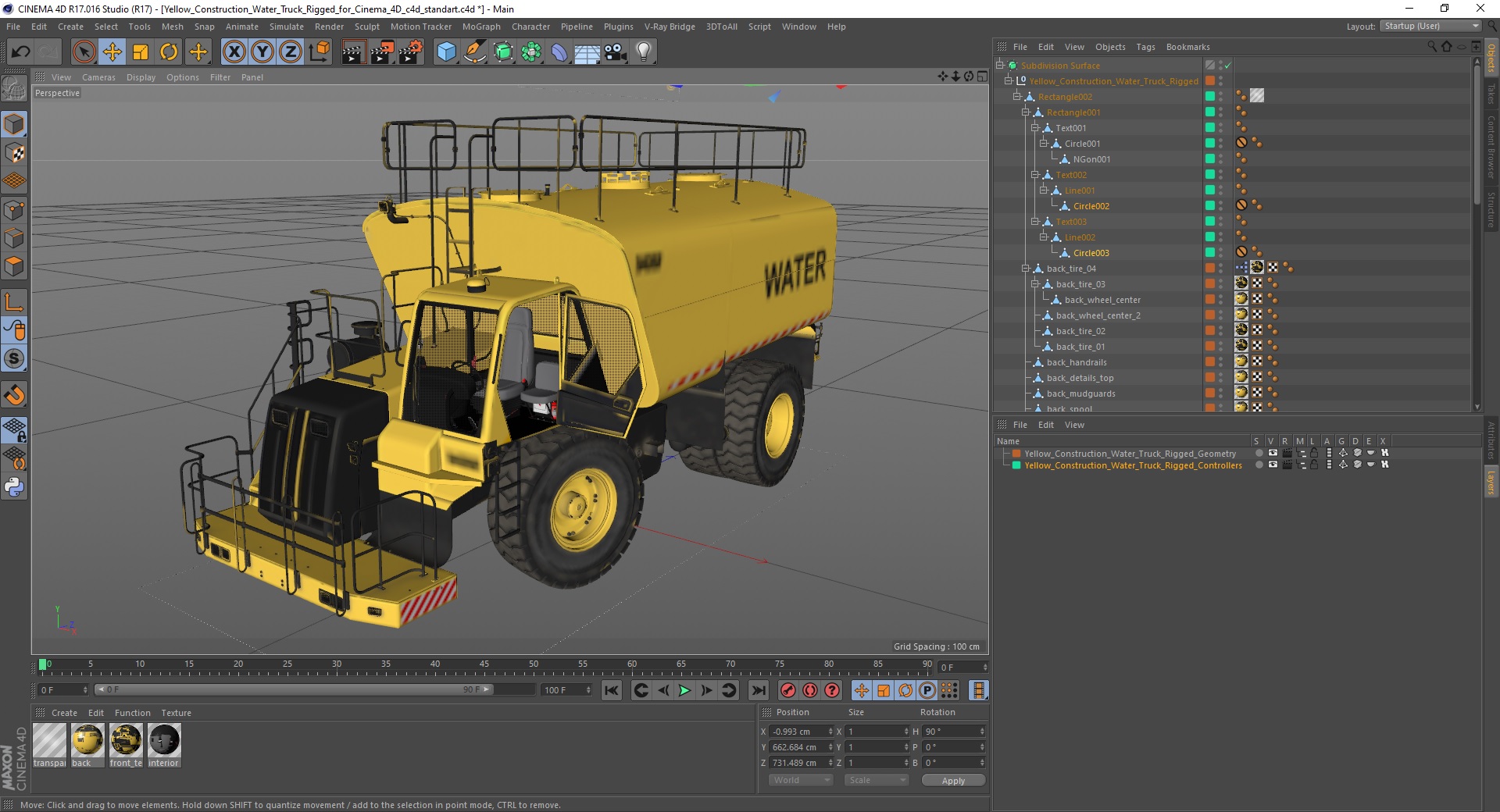 Yellow Construction Water Truck Rigged for Cinema 4D 3D