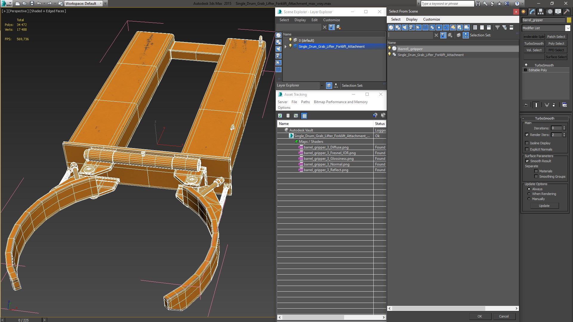 3D Single Drum Grab Lifter Forklift Attachment model