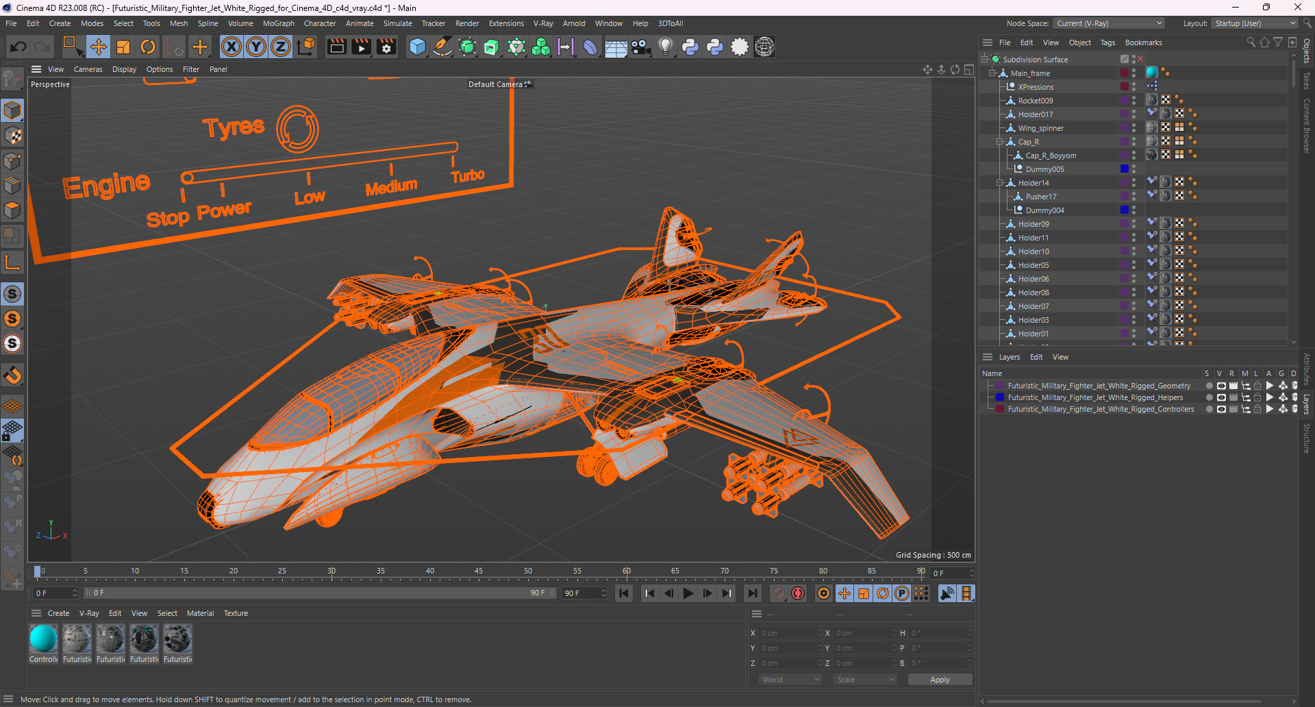 3D Futuristic Military Fighter Jet White Rigged for Cinema 4D model