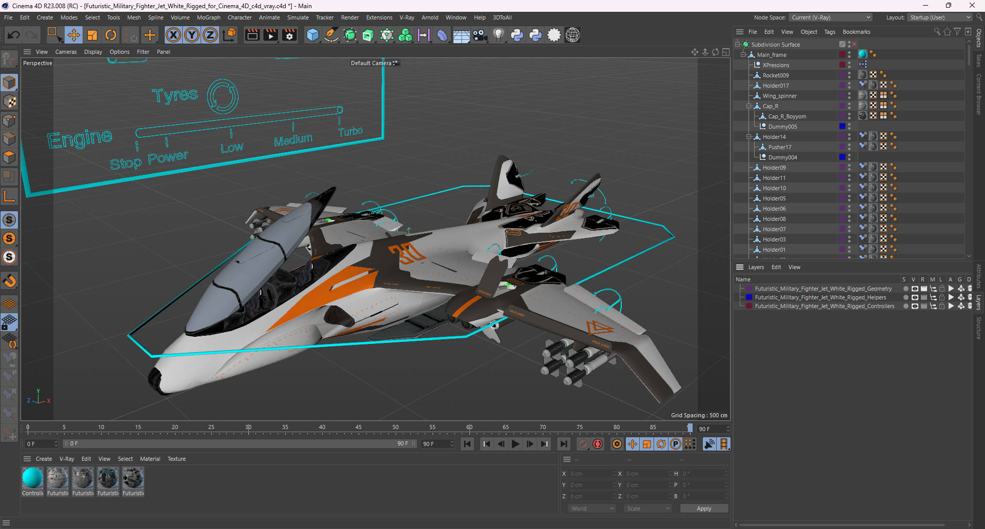 3D Futuristic Military Fighter Jet White Rigged for Cinema 4D model