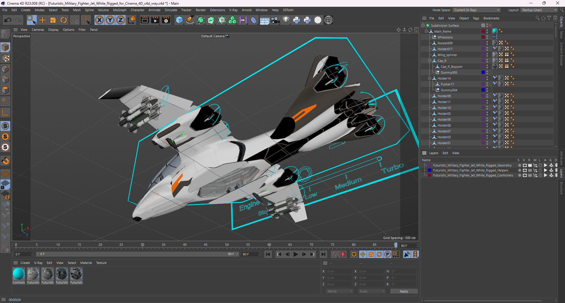 3D Futuristic Military Fighter Jet White Rigged for Cinema 4D model