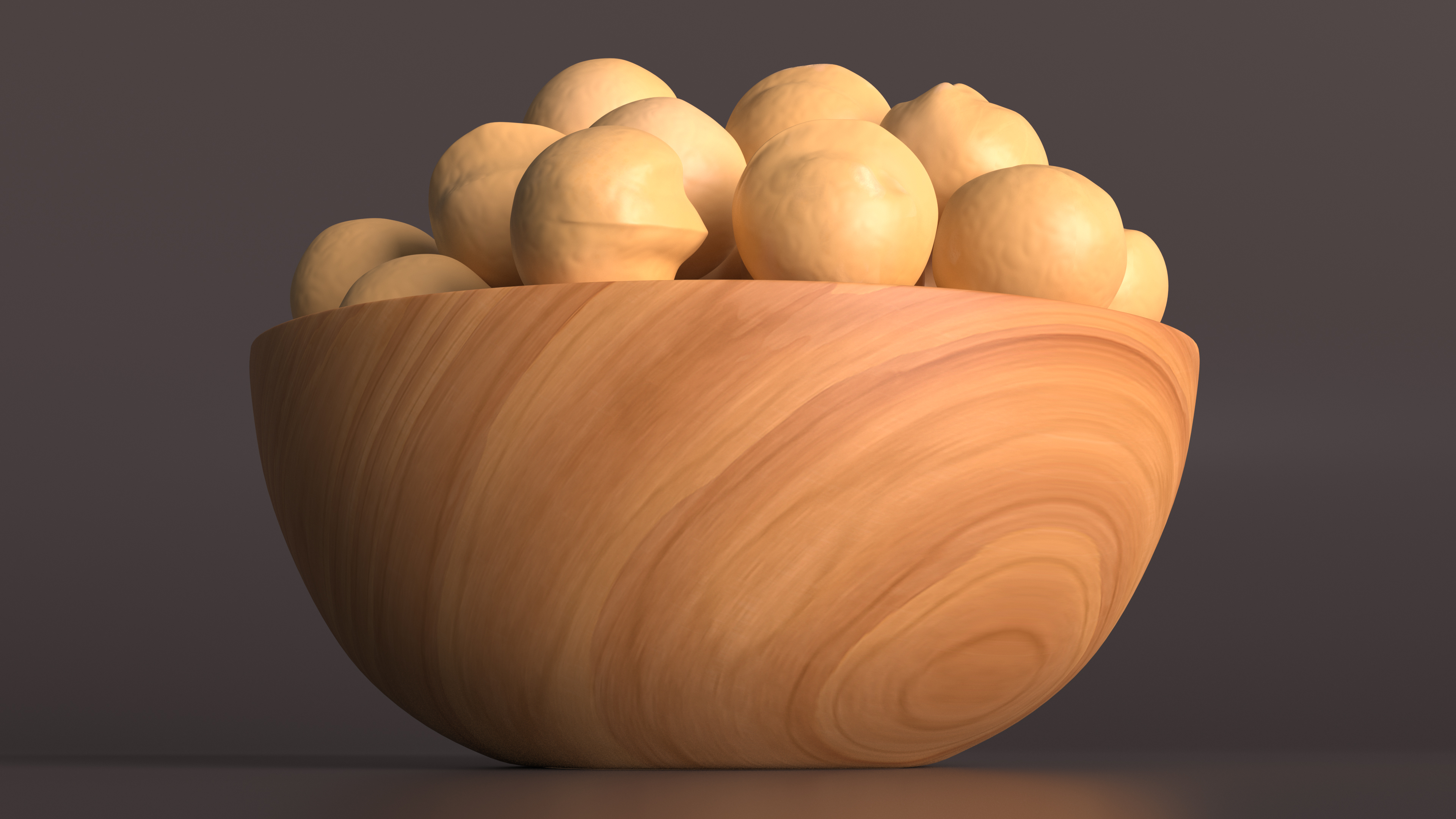 3D Wooden Bowl of Peeled Macadamia Nuts