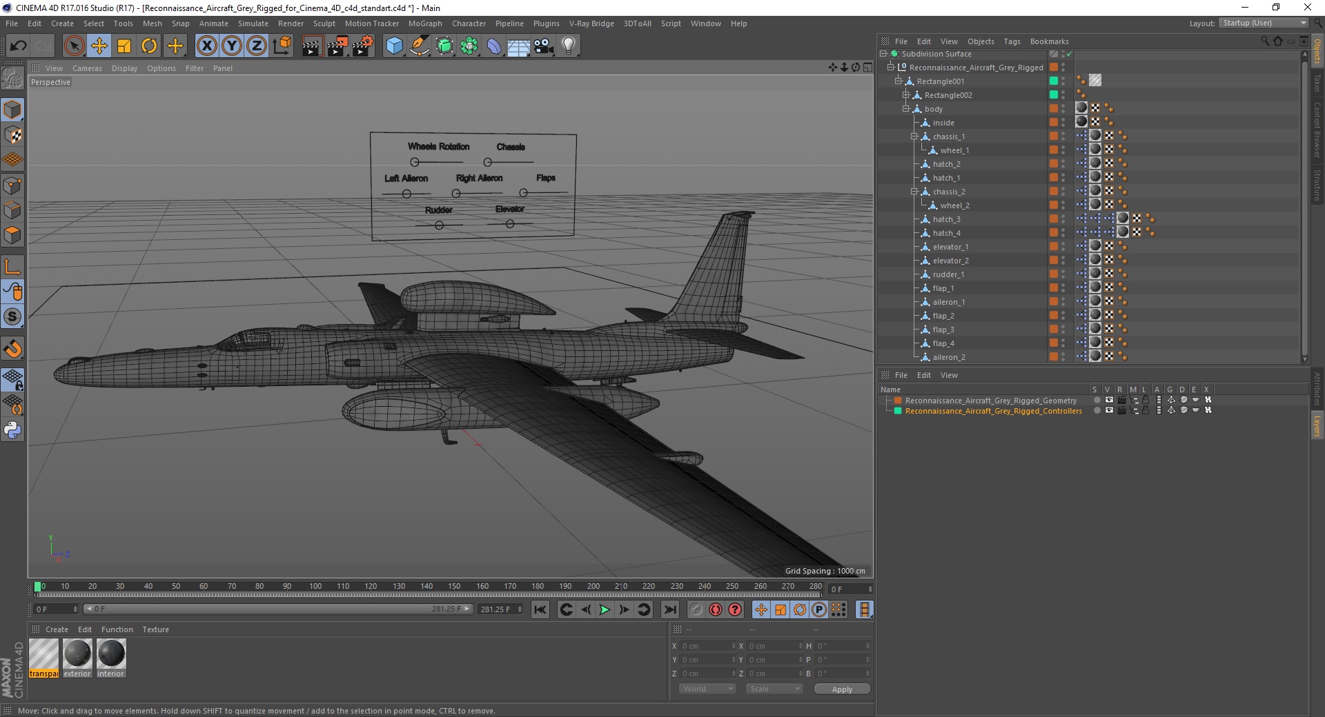 Reconnaissance Aircraft Grey Rigged for Cinema 4D 3D model