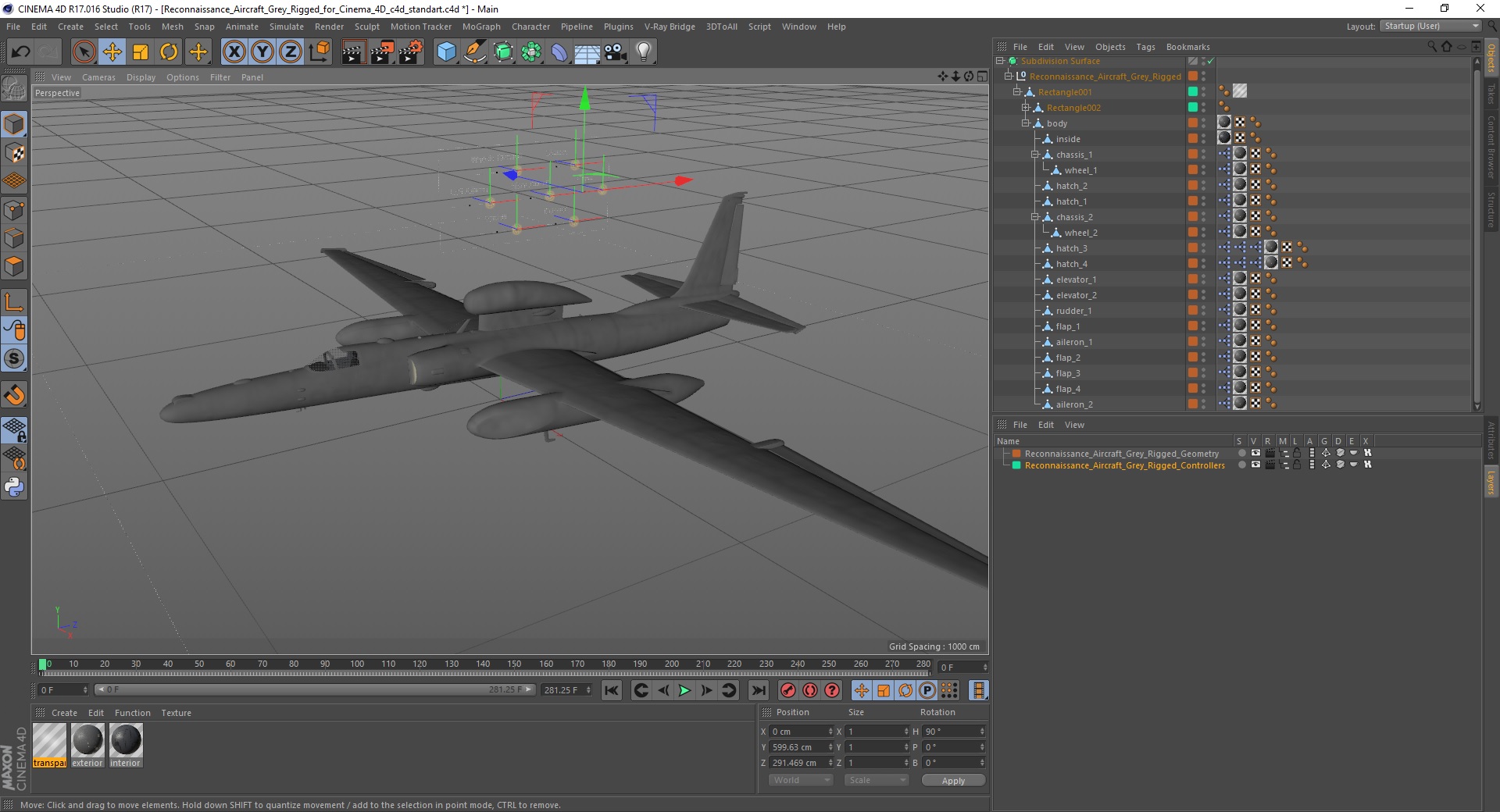 Reconnaissance Aircraft Grey Rigged for Cinema 4D 3D model