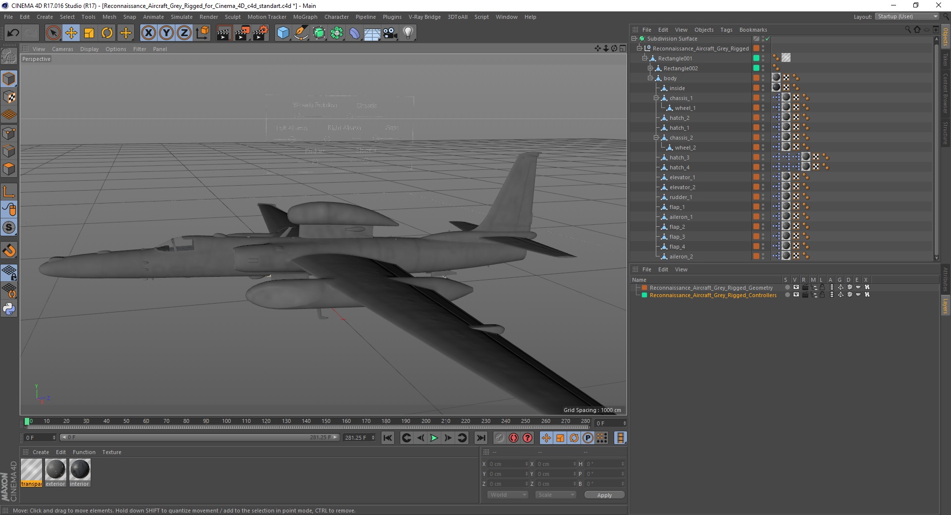 Reconnaissance Aircraft Grey Rigged for Cinema 4D 3D model