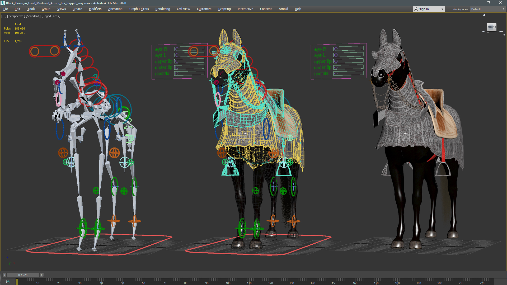 3D model Black Horse in Used Medieval Armor Fur Rigged