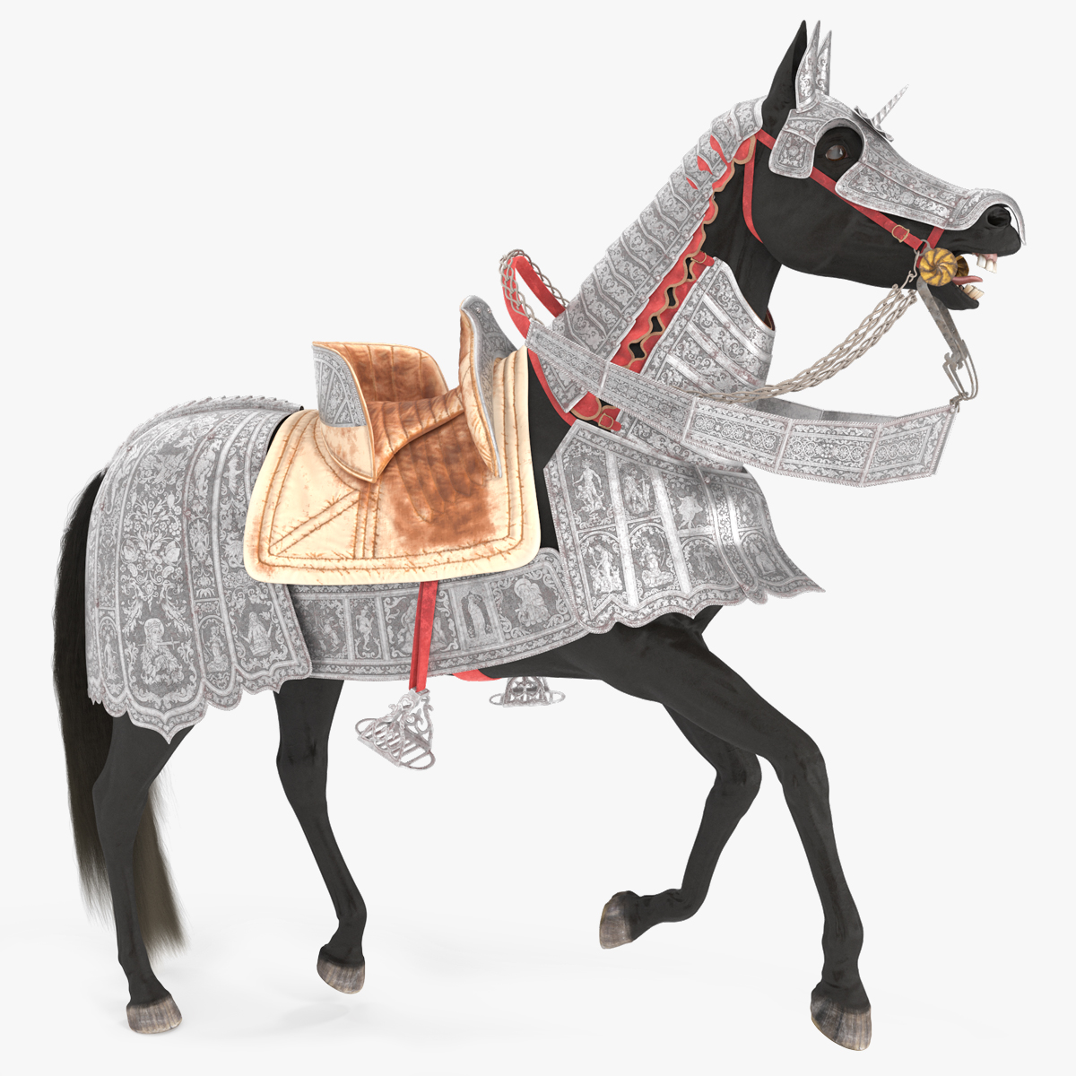 3D model Black Horse in Used Medieval Armor Fur Rigged