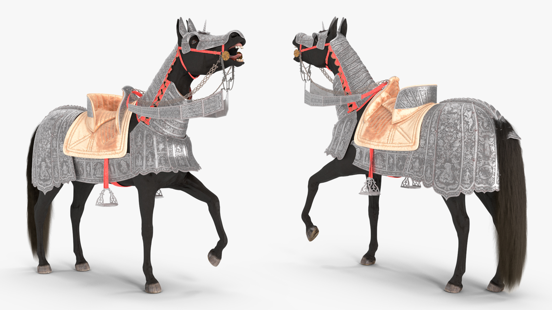 3D model Black Horse in Used Medieval Armor Fur Rigged