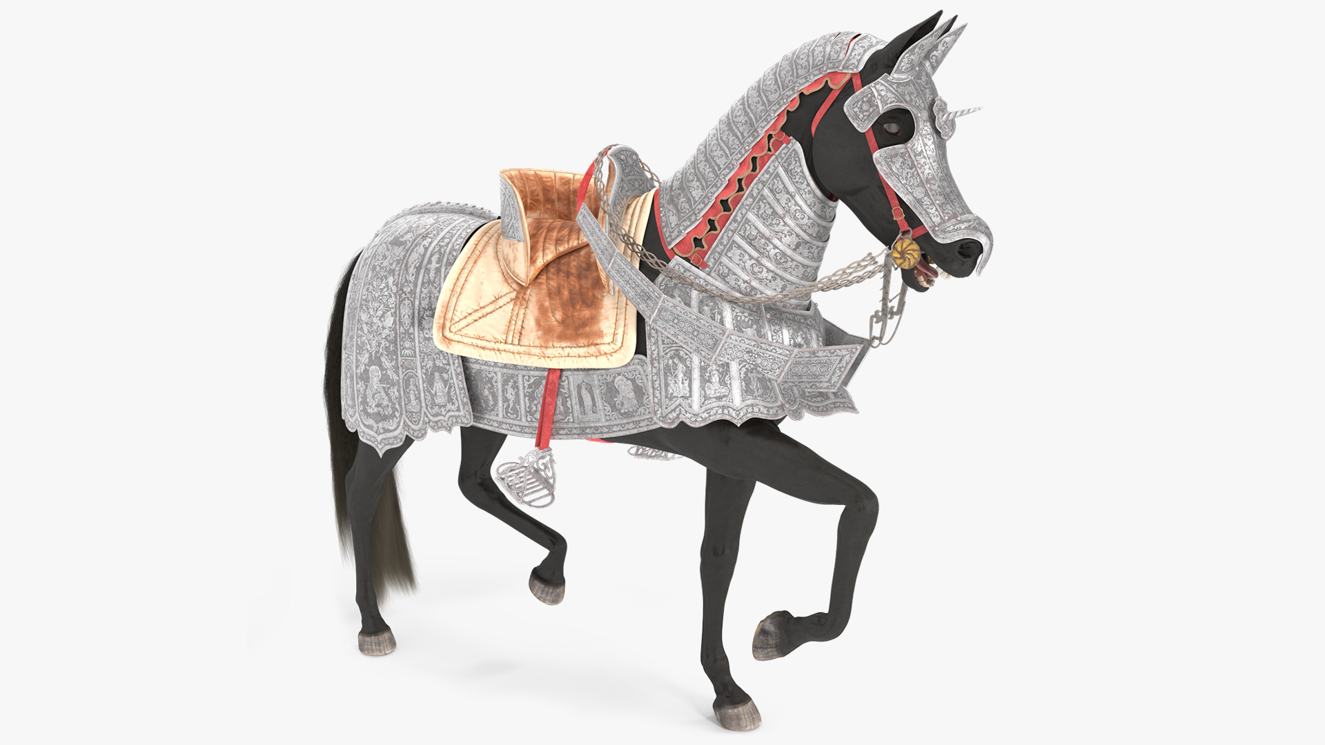 3D model Black Horse in Used Medieval Armor Fur Rigged