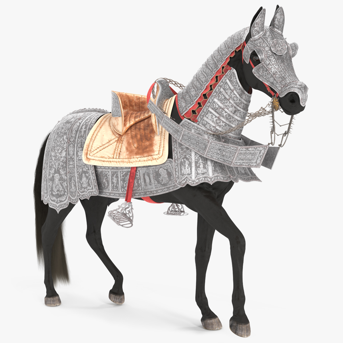 3D model Black Horse in Used Medieval Armor Fur Rigged