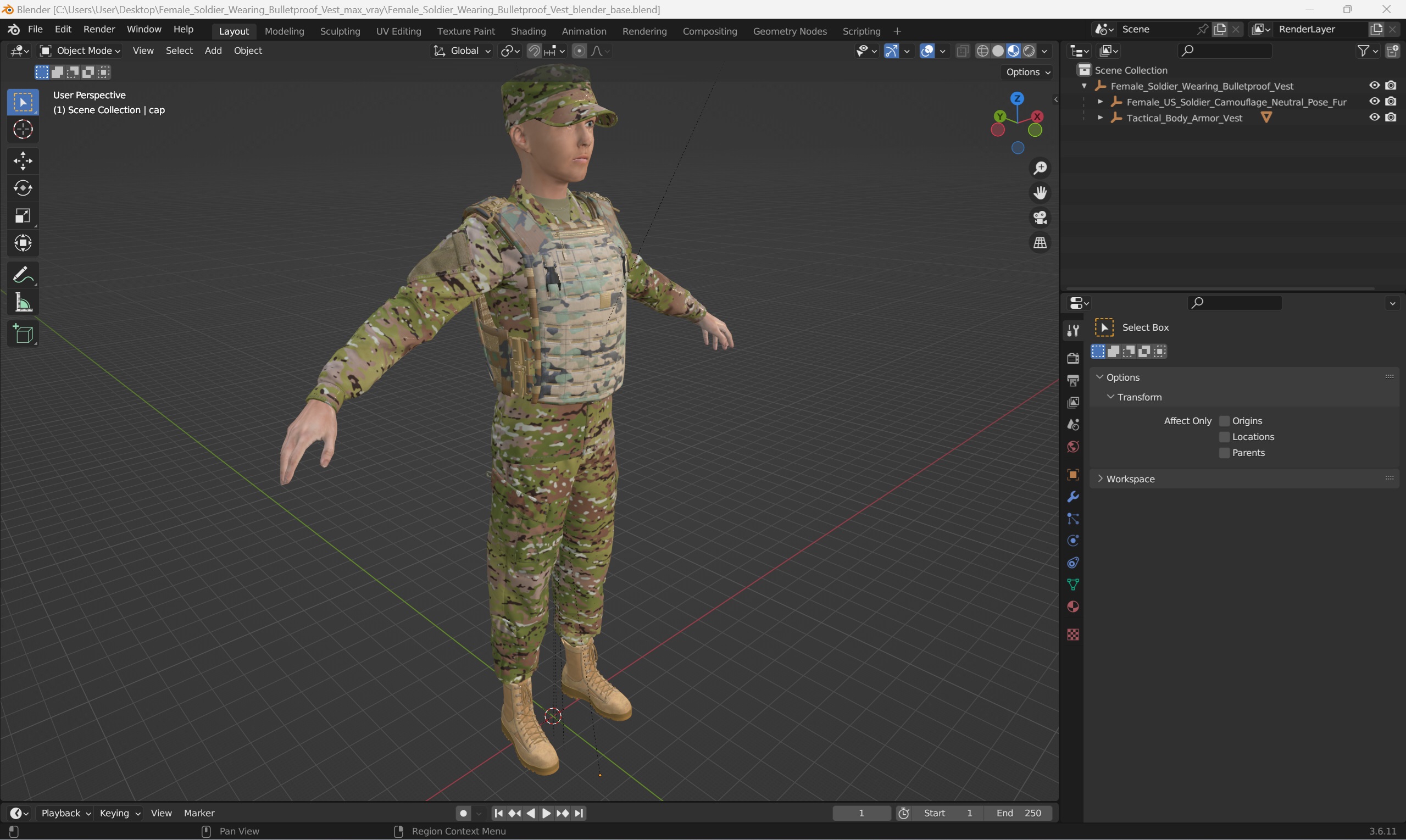 Female Soldier Wearing Bulletproof Vest 3D model