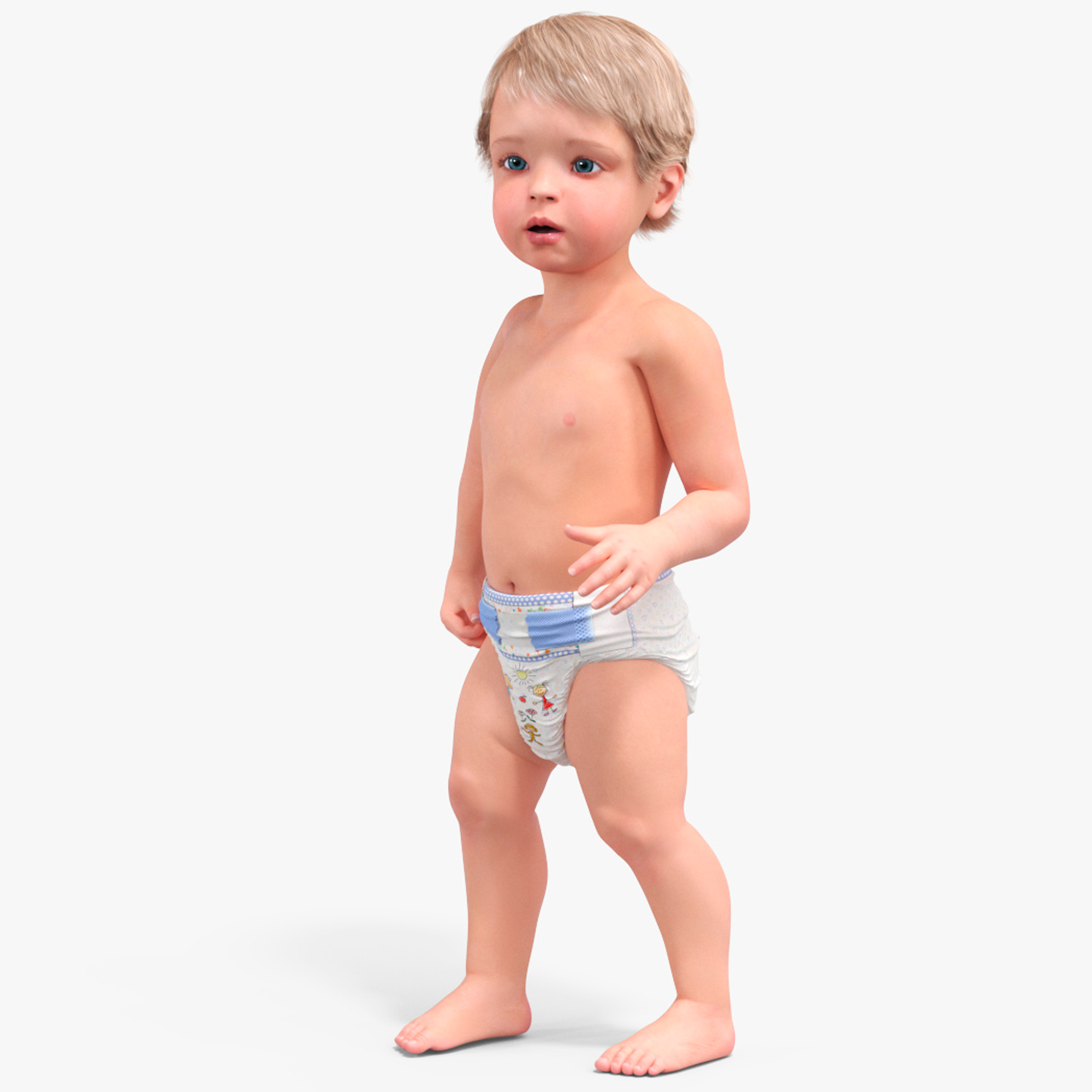 3D Boy Aged 1 Year in Diaper Rigged for Maya