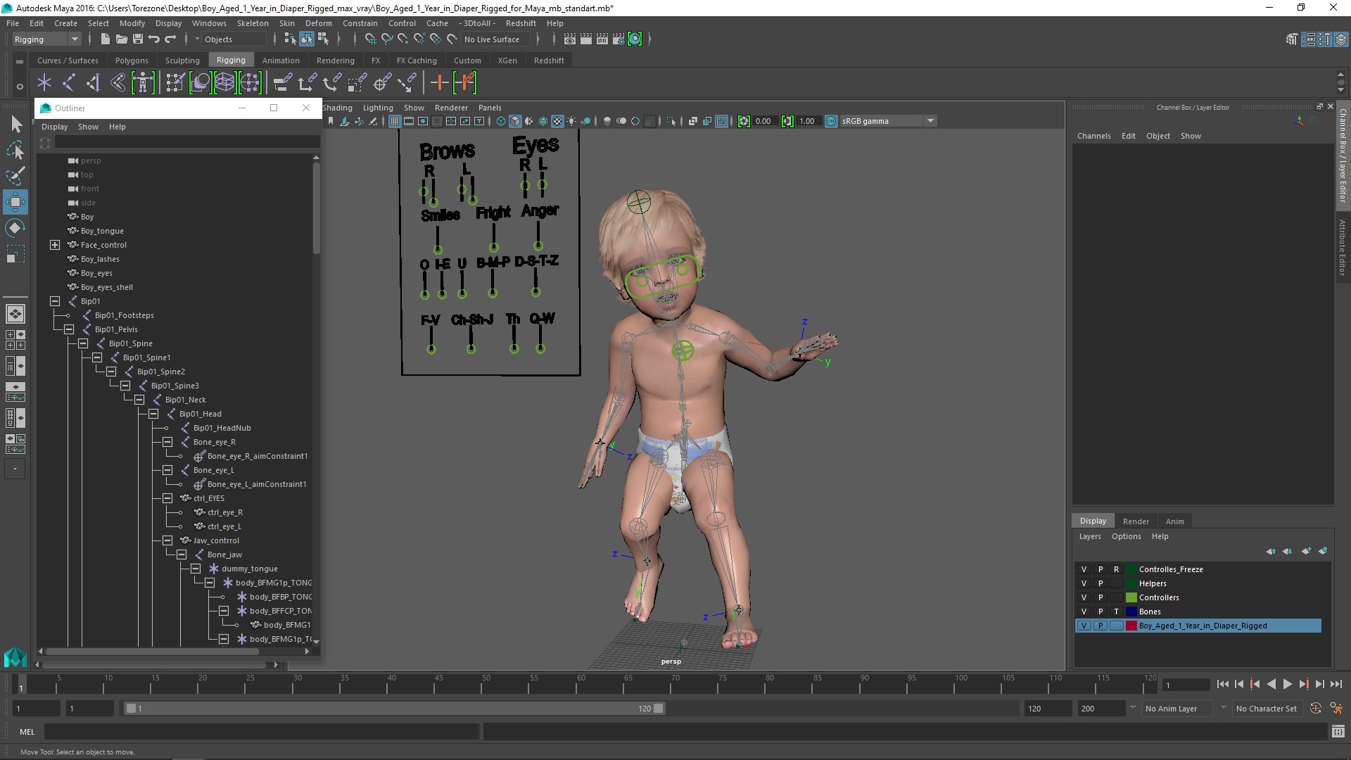 3D Boy Aged 1 Year in Diaper Rigged for Maya